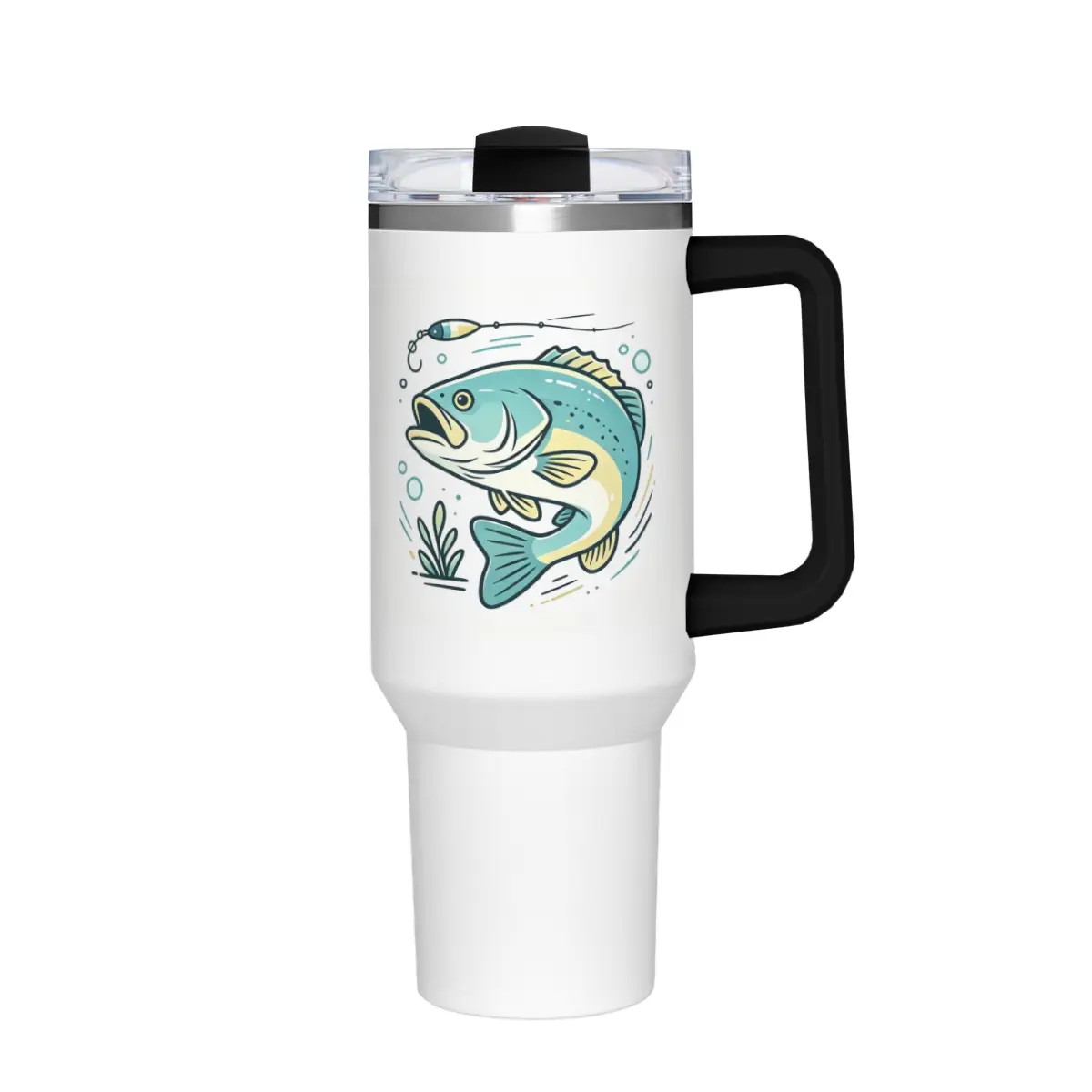40oz Largemouth Bass White Tumbler with Handle | Double Wall Insulated Stainless Steel Cup, Fishing Gifts for Men, Car Cup Holder Friendly