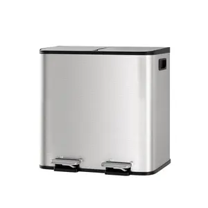 Dual Compartment Stainless Steel Kitchen Trash Can - 2 x 15L (4 Gal) Pedal Bin - Removable Buckets - Soft-Close Lids - Odor Control - Hands-Free Operation - Space-Saving Recycling Solution
