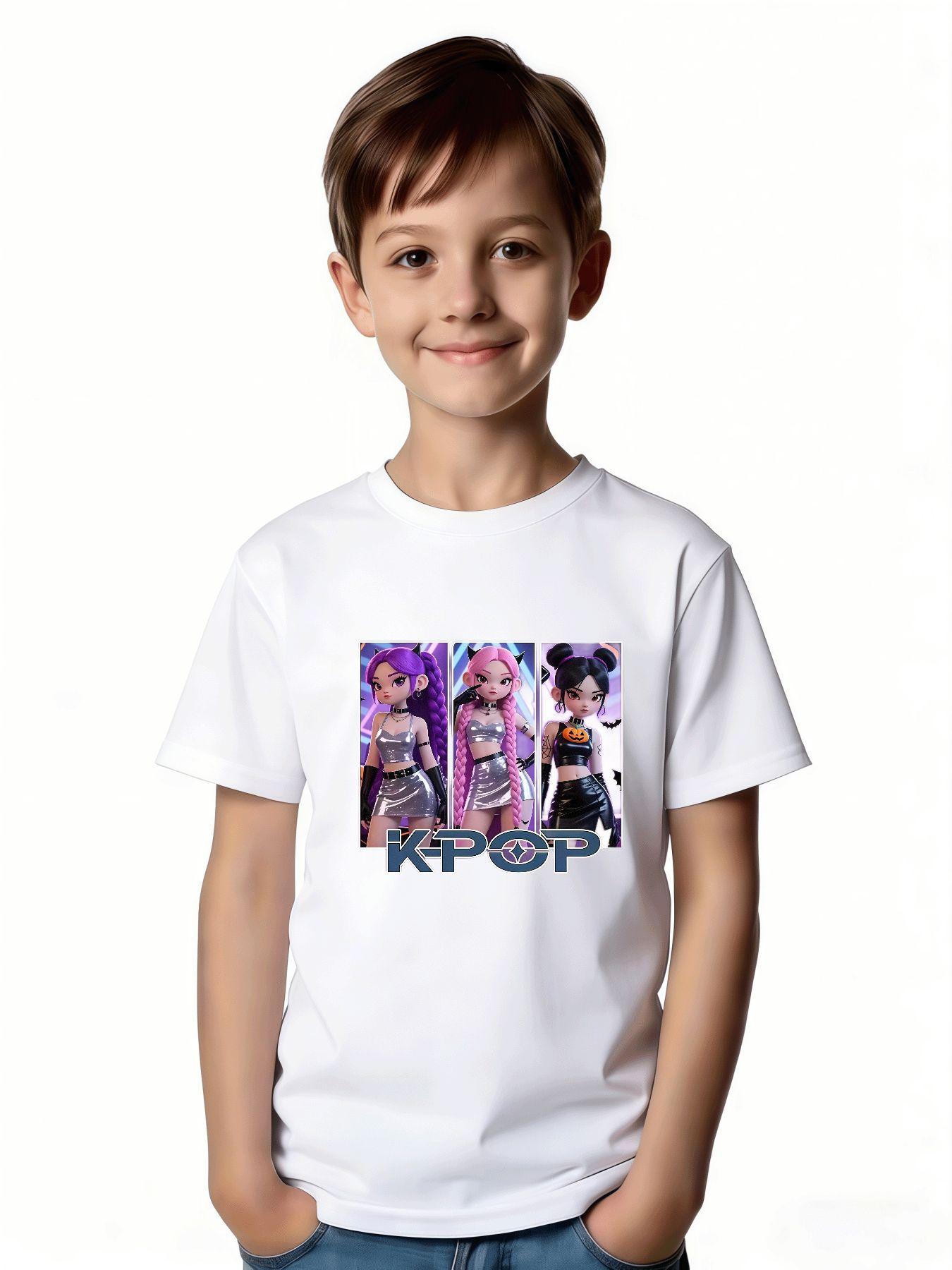 1K-POP Cartoon Girl Group Print, Skin-friendly, Breathable, Trendy and Eye-catching Short-sleeved Top, Perfect for Girls' Idol-chasing and Party Outfits, a Must-have for Black Friday, Valentine's Day, and Other Holidays, Full of Trendy Vibes and Super