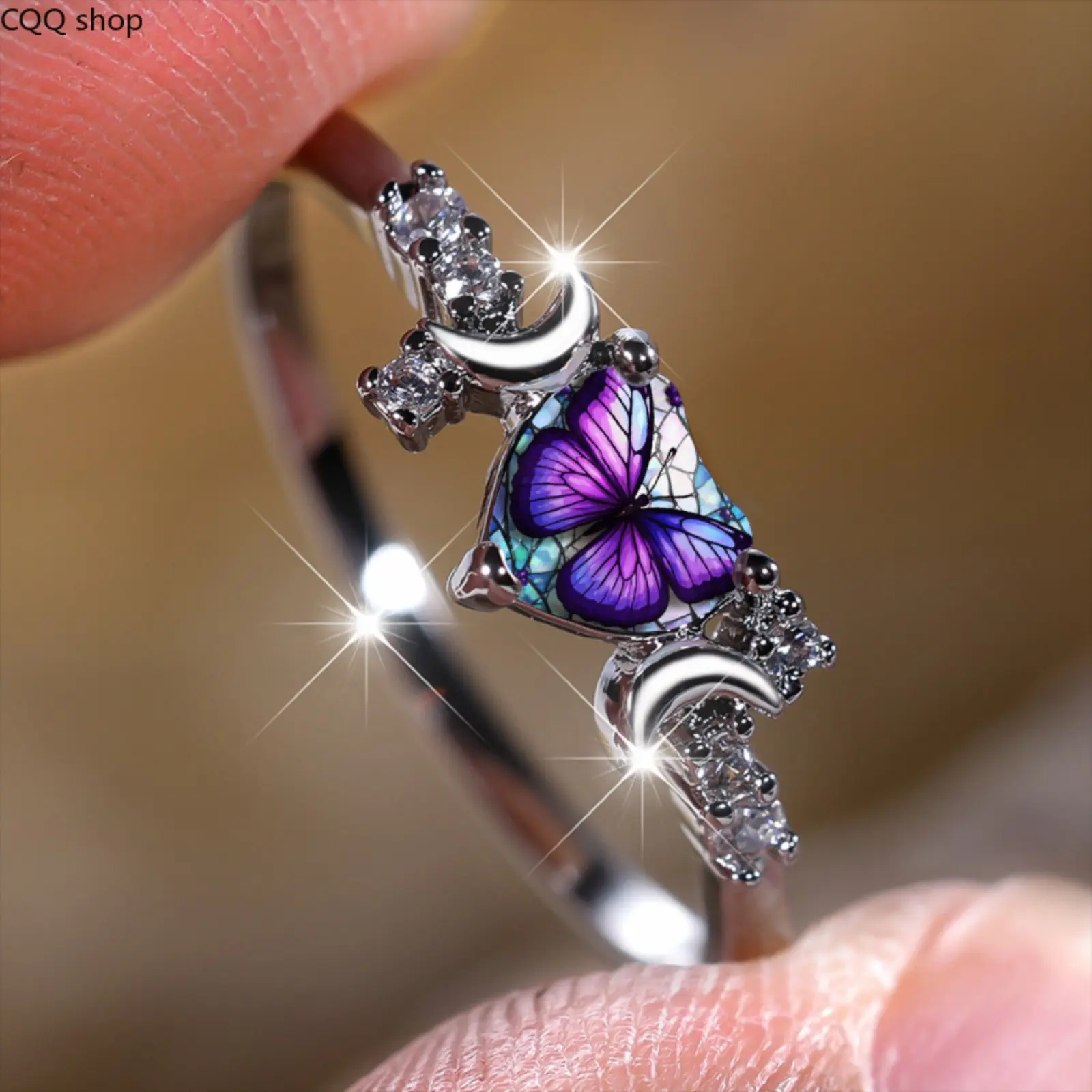 Women's Dream Gradient Stained Glass Jewelry Ring, Crescent Purple Butterfly Heart-Shaped Ring, Unique Fantasy Accessory for Daily, Dating Use (Sports & Outdoor Compatible), Jewelry Rings