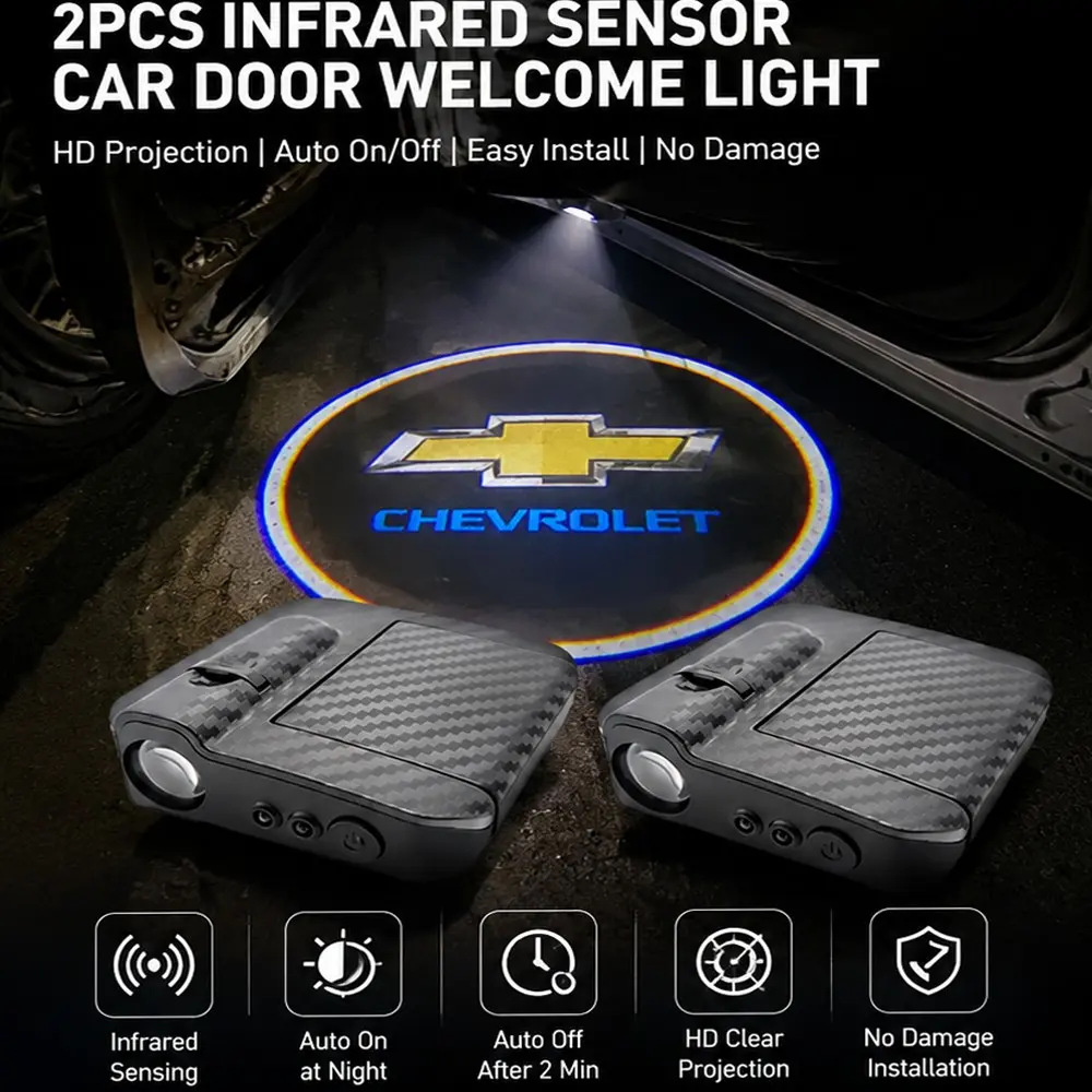 💡🚗 2PCS LED Chevrolet Door Logo Lights | Welcome Puddle Projector HD Logo Projection | Infrared Auto On/Off Fits All Chevrolet Models | No-Drill Installation ABS Carbon Fiber Shell | Battery Powered Courtesy Light
