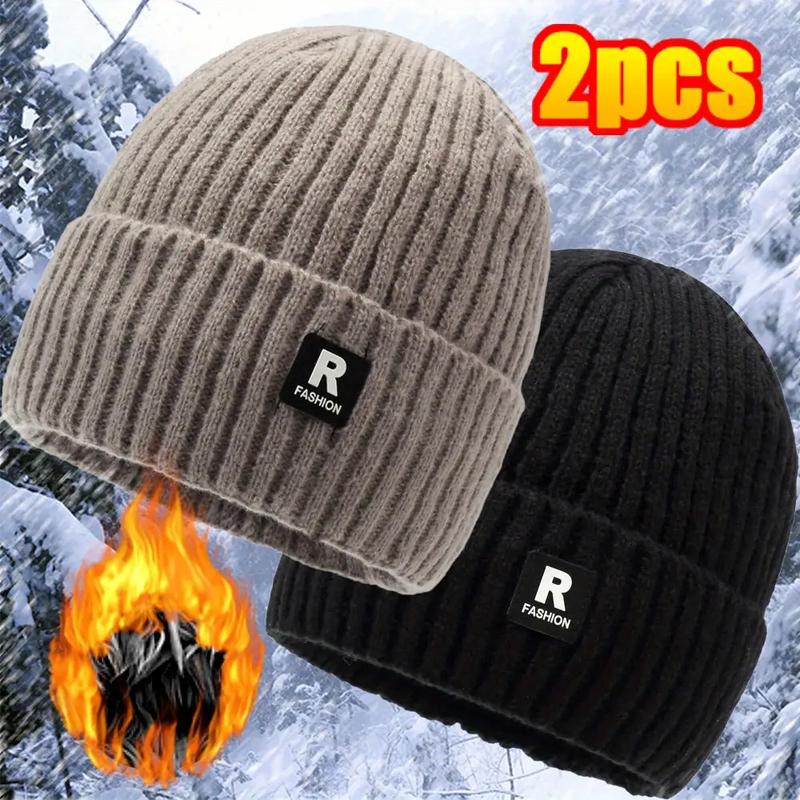 2 Pieces Men's Winter Fashion Fleece-Lined Thick Knitted Hat Outdoor Cycling Cold-Proof Large Head Circumference Knitted Hat Ski Hat