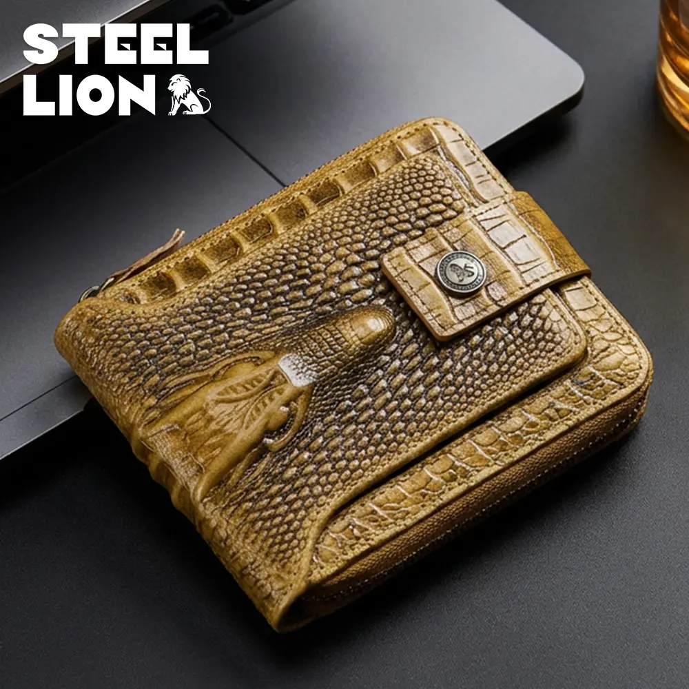 Men's genuine leather crocodile pattern top-grain cowhide zipper wallet, horizontal style, multi-card slots, thickened, photo album, anti-theft, money clip, Animal Print, Cross-Border