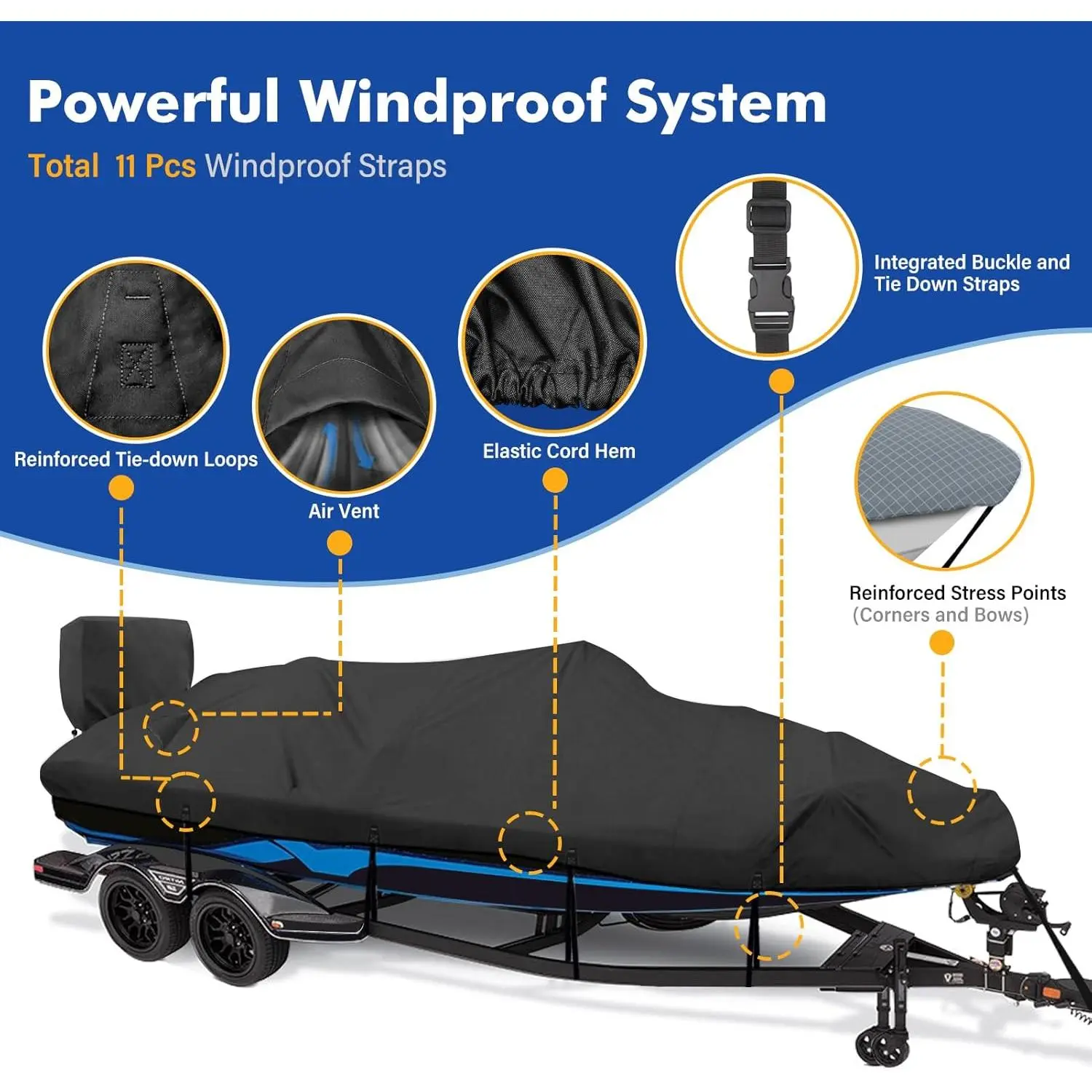 1200D Waterproof Marine Poly Boat Cover - Custom Fit for 17’-19’ Long Boating Vessels (Bass, V-Hull, Tri-Hull) - Heavy Duty Ventilated Black Canvas