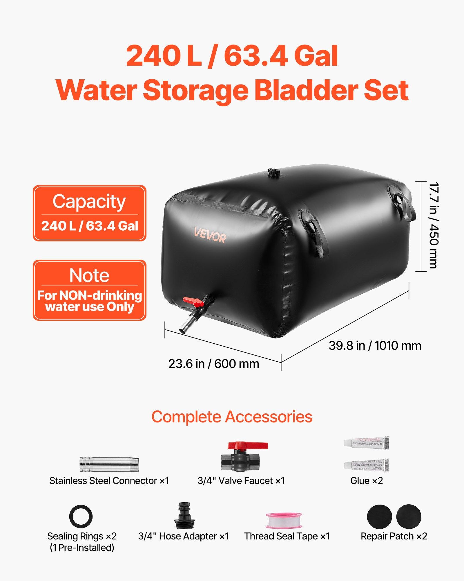 VEVOR Water Storage Bladder, 63.4 Gal Collapsible Water Storage Bag, Wear-Resistant 1000D PVC Soft Waters Bag, Leakproof Camping Tank Containers for Garden Irrigation RV Emergency Use, Black VEVOR Water Storage Bladder, 63.4 Gal Collapsible Water Storage Bag, Wear-Resistant 1000D PVC Soft Waters Bag, Leakproof Camping Tank Containers for Garden Irrigation RV Emergency Use, Black