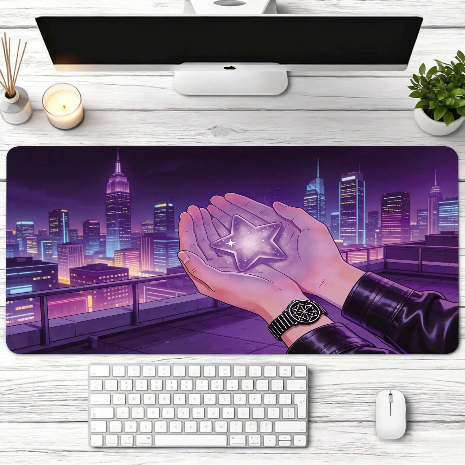 Extra Large glowing star in hands over cyberpunk city skyline Mouse Pad,Non Slip Rubber Pad,Desktop Decoration Drotection Pad,Washable,Lock Edge Multi Size,Premium Multipurpose Mousepad For Home,Gaming Desk,Gift for Family and Friends