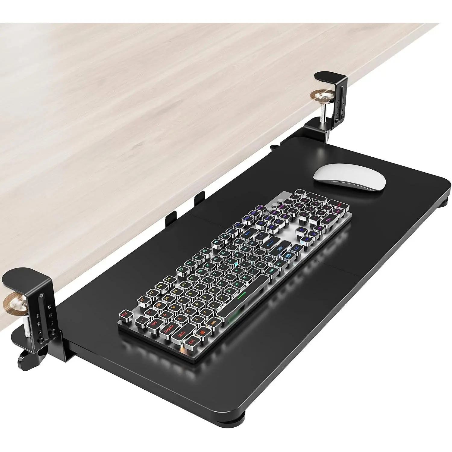 Ergonomic Under Desk Pull Out Keyboard Tray with Adjustable C-clamp 25.6 (31.5 Including Clamps) x 11.8 Inch Slide Out Computer Keyboard Drawer Mouse Tray for Typing Large Black