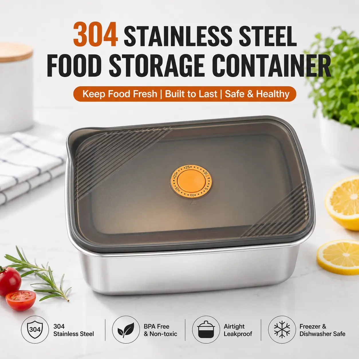 Stainless Steel Food Storage Box, Food Grade 304 Stainless Steel, Thickened Kitchen Container, Freezer Box, Square Sealed Box, Cake Box, Household Essential