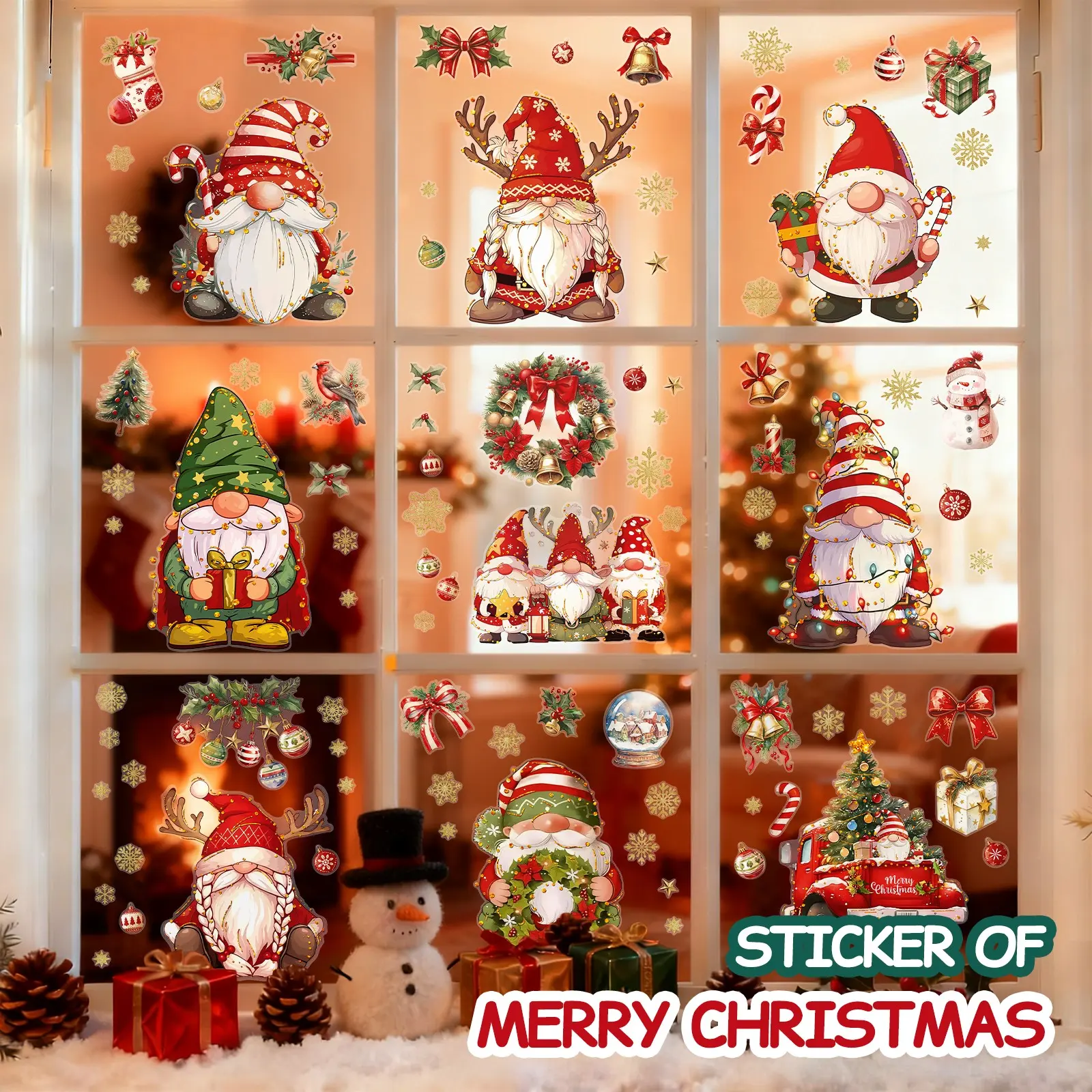 Christmas Window Stickers Set, 9 Pieces, 11.81x7.87 Inch, Pre-Cut Patterns, Removable Without Residue, Party Decorations