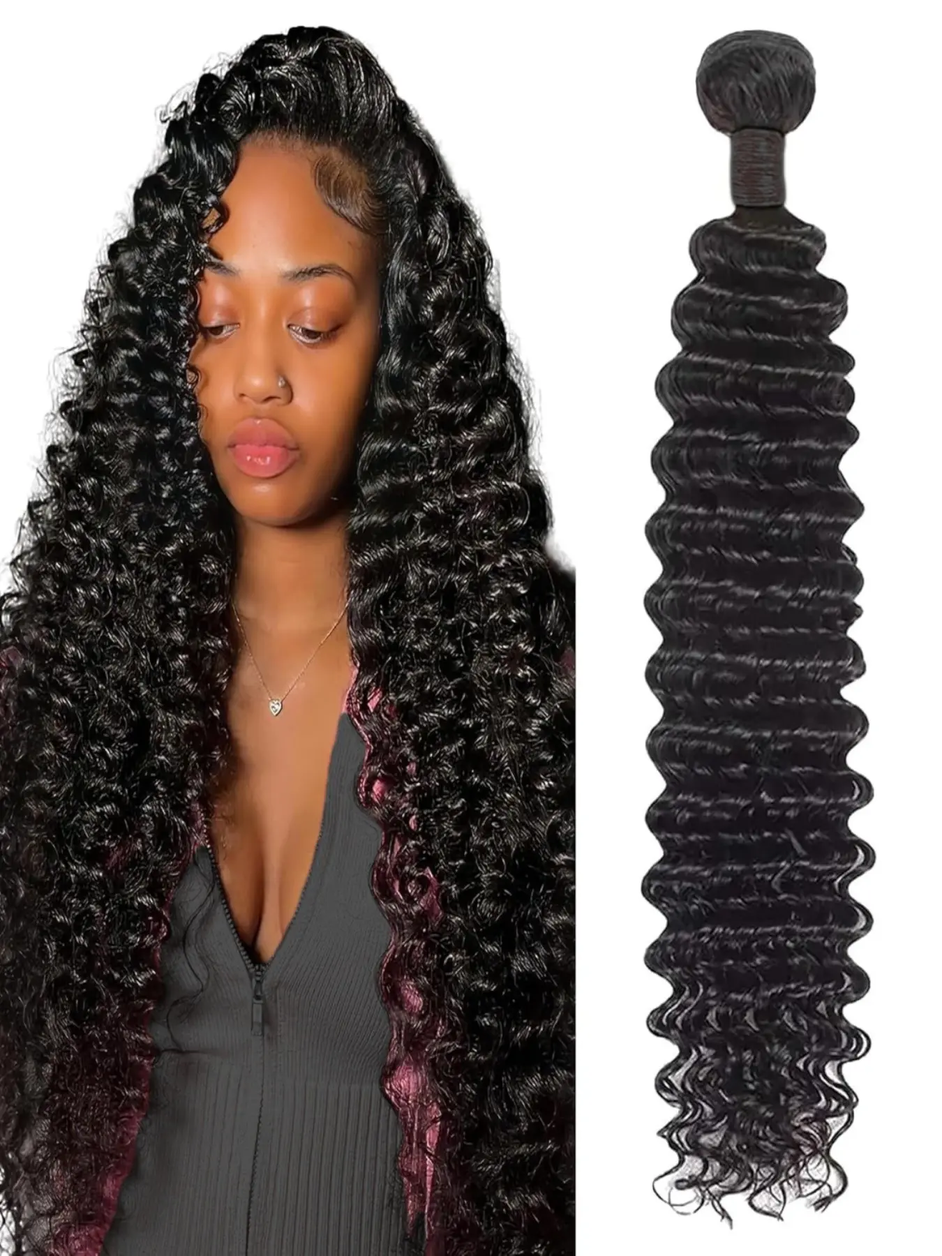 Deep Wave Human Hair Bundles,  Curly Single Bundle Human Hair, Wet and Wavy 1 Bundle Weft Human Hair 100% Brazilian Virgin Quick Weave Deep Wave Bundles  (Bundles Natural Black)