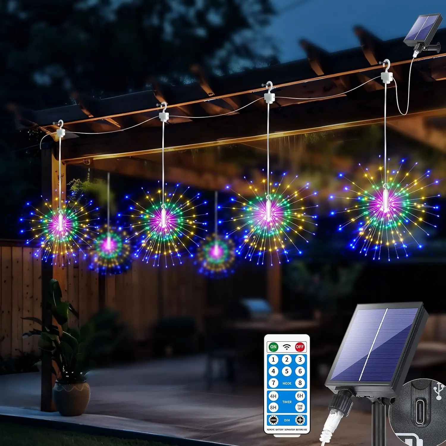 Starburst Sphere Lights, 6 Pack 1200LEDs Solar Firework Lights with  8 Modes Remote DIY Type C  Dimmable Timer Outdoor Chandelier for Patio Pergola Party Wedding Christmas