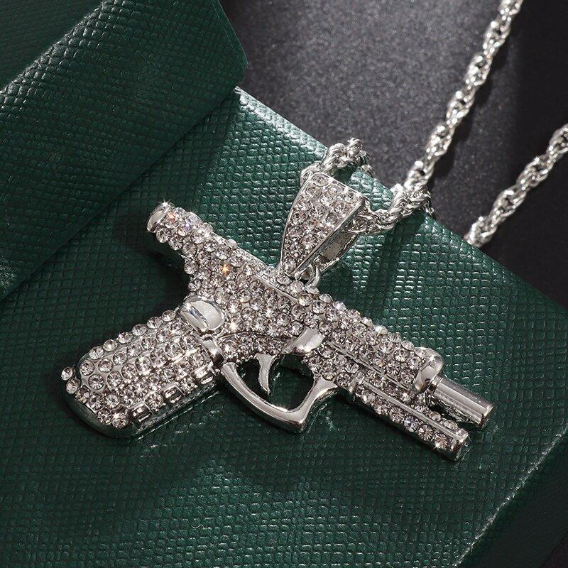Bling Iced-Out Pistol Pendant Necklace for Men, Hip Hop Street Style Jewelry, Rhinestone Inlay Statement Accessory