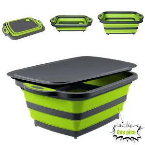 BBQ Prep Tub with Lid, 3-IN-1 Collapsible Chopping Cutting Board with Colander, Food Grade Sturdy Portable Silicone Dish Tub for Dish Basin, Picnic, Tailgate and Camping, Kitchen