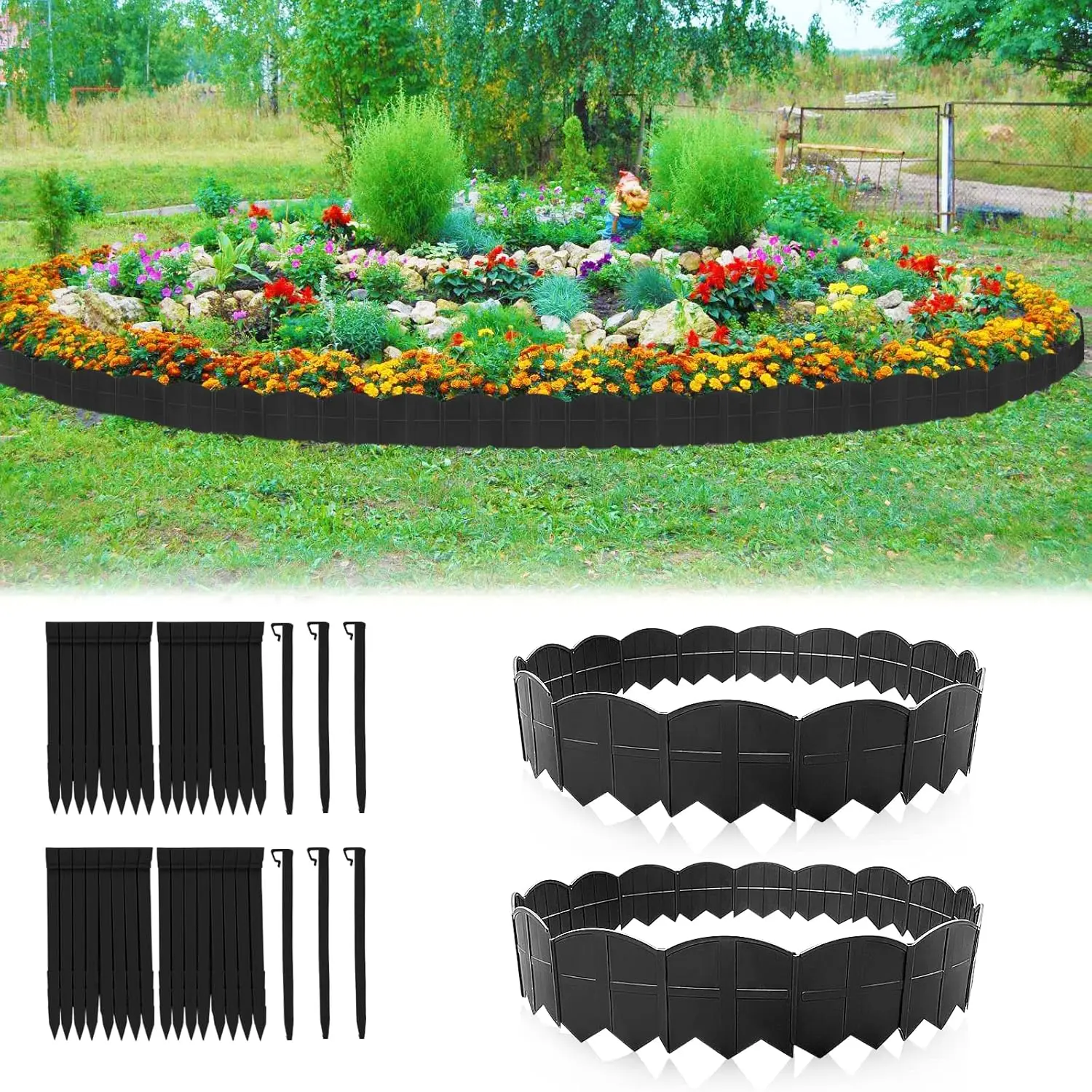 40Ft Landscape Edging No Dig, 5.9In Garden Edging Border with 40Pcs Stakes, 40Pcs Plastic Flower Bed Border Flexible for Landscaping, Lawn Patio, Pathway, Black