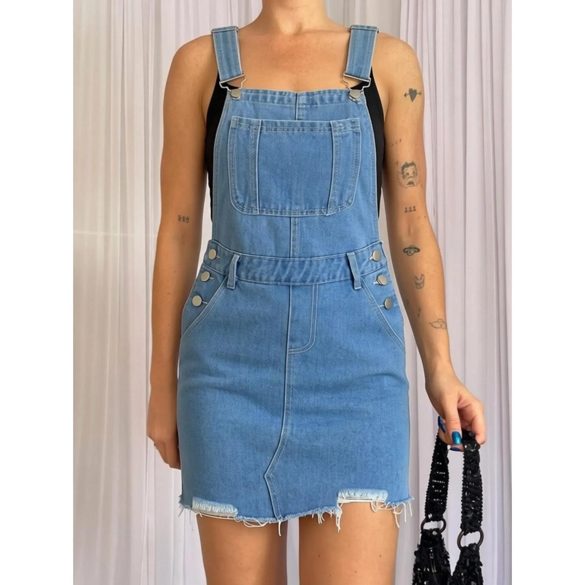 y2k Women Denim Dress Solid Color/Camouflage/Flag Print Sleeveless Suspender Skirt with Pockets