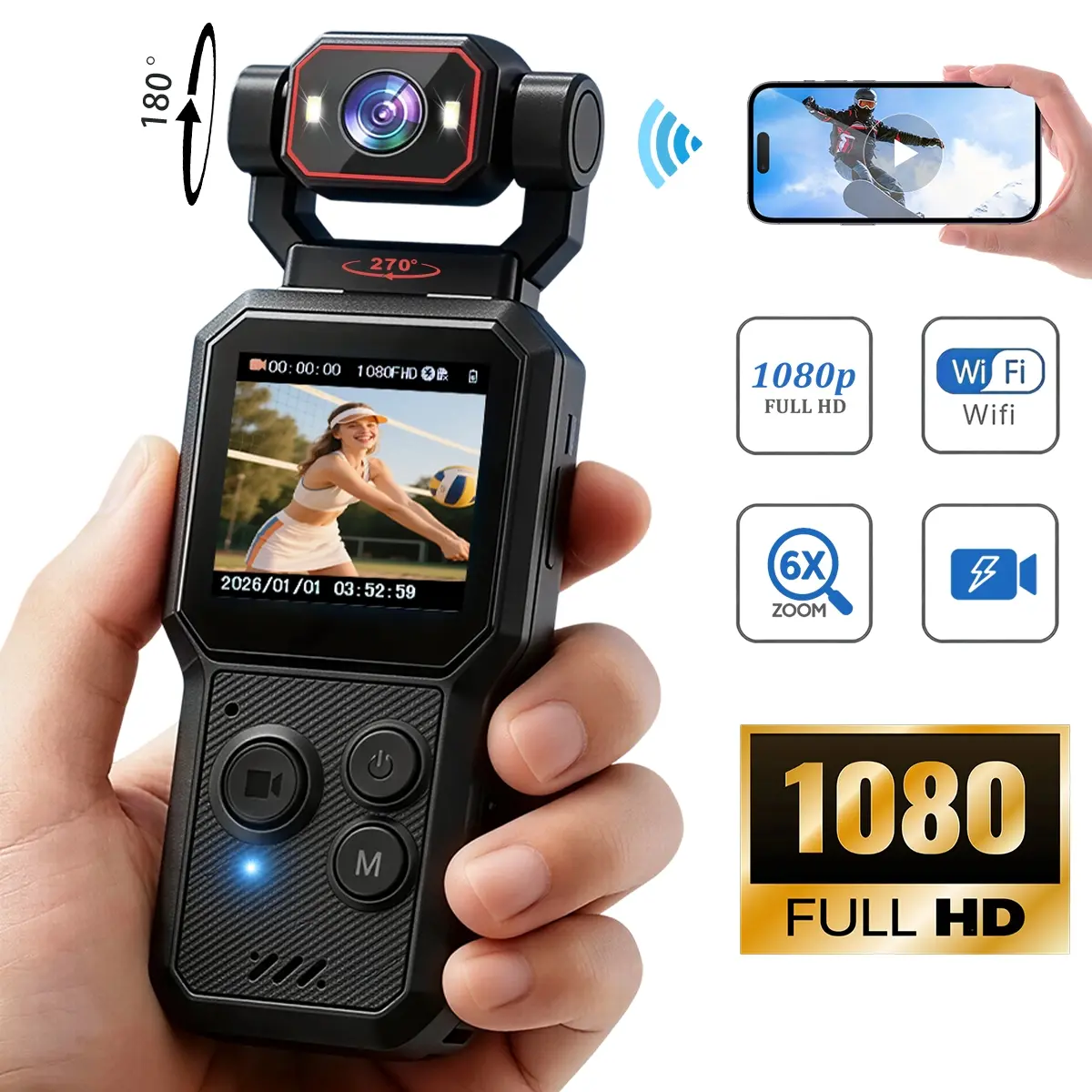 1080P Portable Vlog Camera with 270° Rotating Lens, 2K HD Digital Video Camera with Screen Display, WiFi Connection, LED Fill Light, 8X Digital Zoom for Travel, Hiking, Camping and Daily Recording