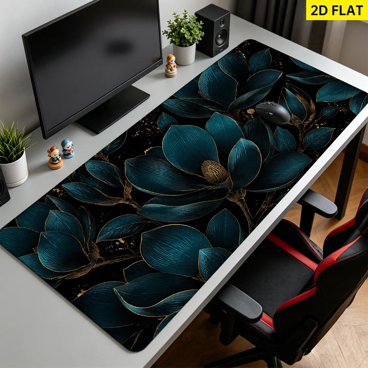 Extra Large Teal Gold Flower Pattern Mouse Pad,Non Slip Rubber Pad,Desktop Decoration Drotection Pad,Washable,Lock Edge Multi Size,Premium Multipurpose Mousepad For Home,Office,Gift for Family and Friends