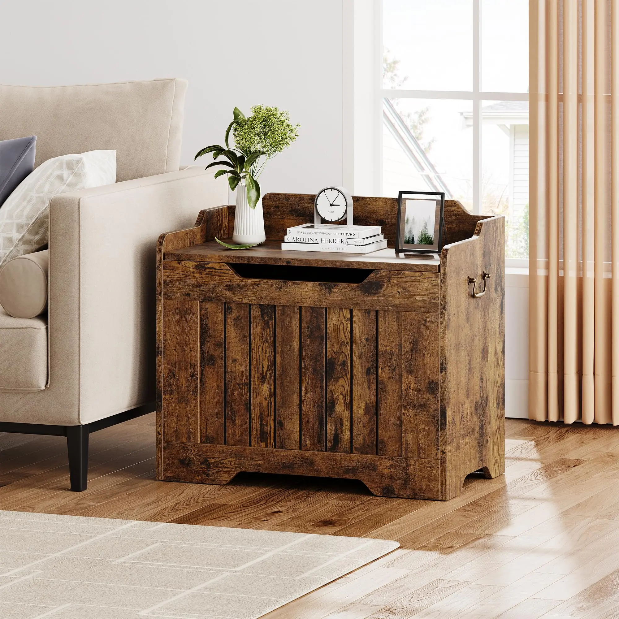 Wooden Storage Bench with Safety Hinge 24.8 Inch Flip Top Blanket Chest for Entryway Bedroom 350lbs Load Capacity Space Saving Furniture