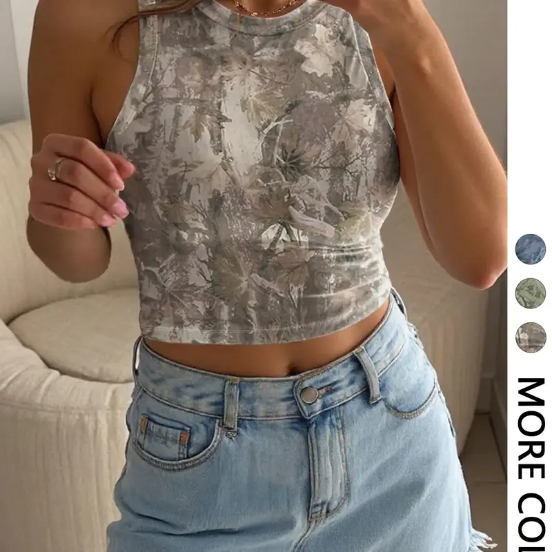 Women's Summer Casual Leaf Printed Camouflage Cropped Tank Top, Crew Neck, Sleeveless Wide Armhole, High Stretch Breathable Knit Fabric, Suitable for Beach, Outdoor, Vacation, Commute & Daily Wear, Short, Tank Tops Style