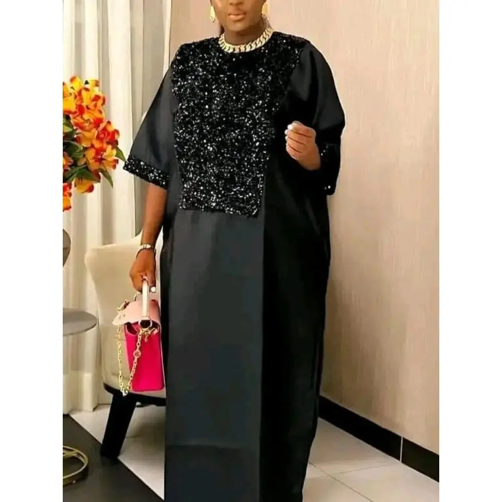 Women's Bubu Kaftan Formal Dress - Church-Wear, Shiny Sequined, Traditional African Clothing, Long Loose Patchwork O-Neck Gowns, Short Sleeve Tops, One Size Fits, Plant Print