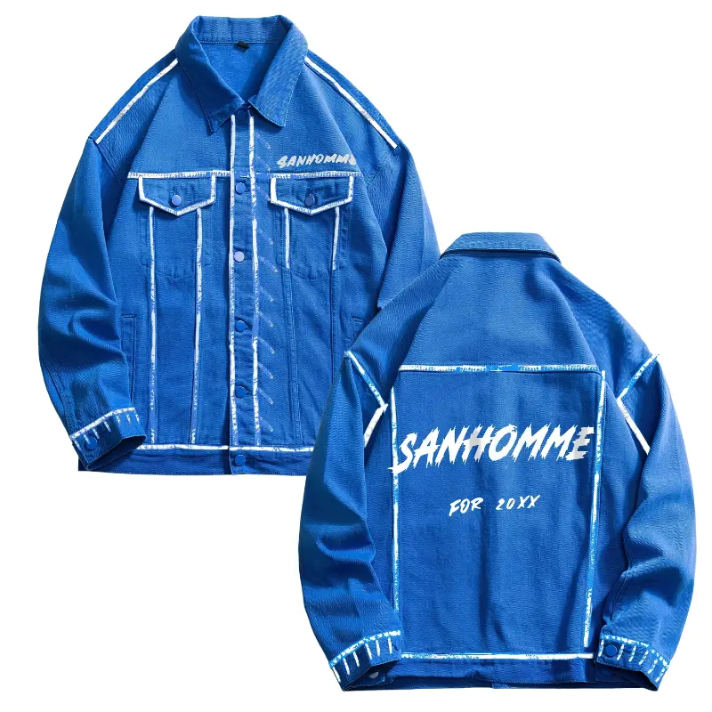 Men's High Cobalt Blue High Cotton Graffiti Print Denim Jacket, Contrast White Paint Stitch Trim Letter Graphic Back Trucker Coat, Oversized Y2K Hip Hop Streetwear Button Down Jean Outerwear for Young Men