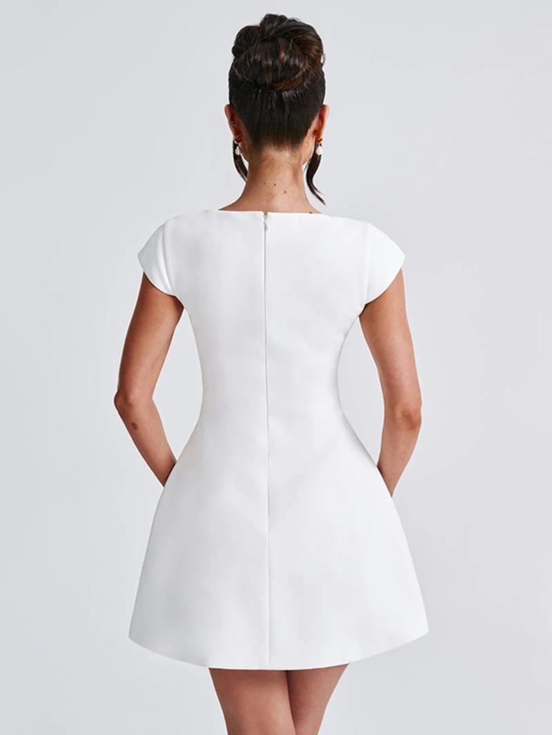 Women's Plain Square Neck A Line Dress, Elegant Formal Cap Sleeve Short Dress for Party Holiday Wedding Guest, Ladies Fall Clothes