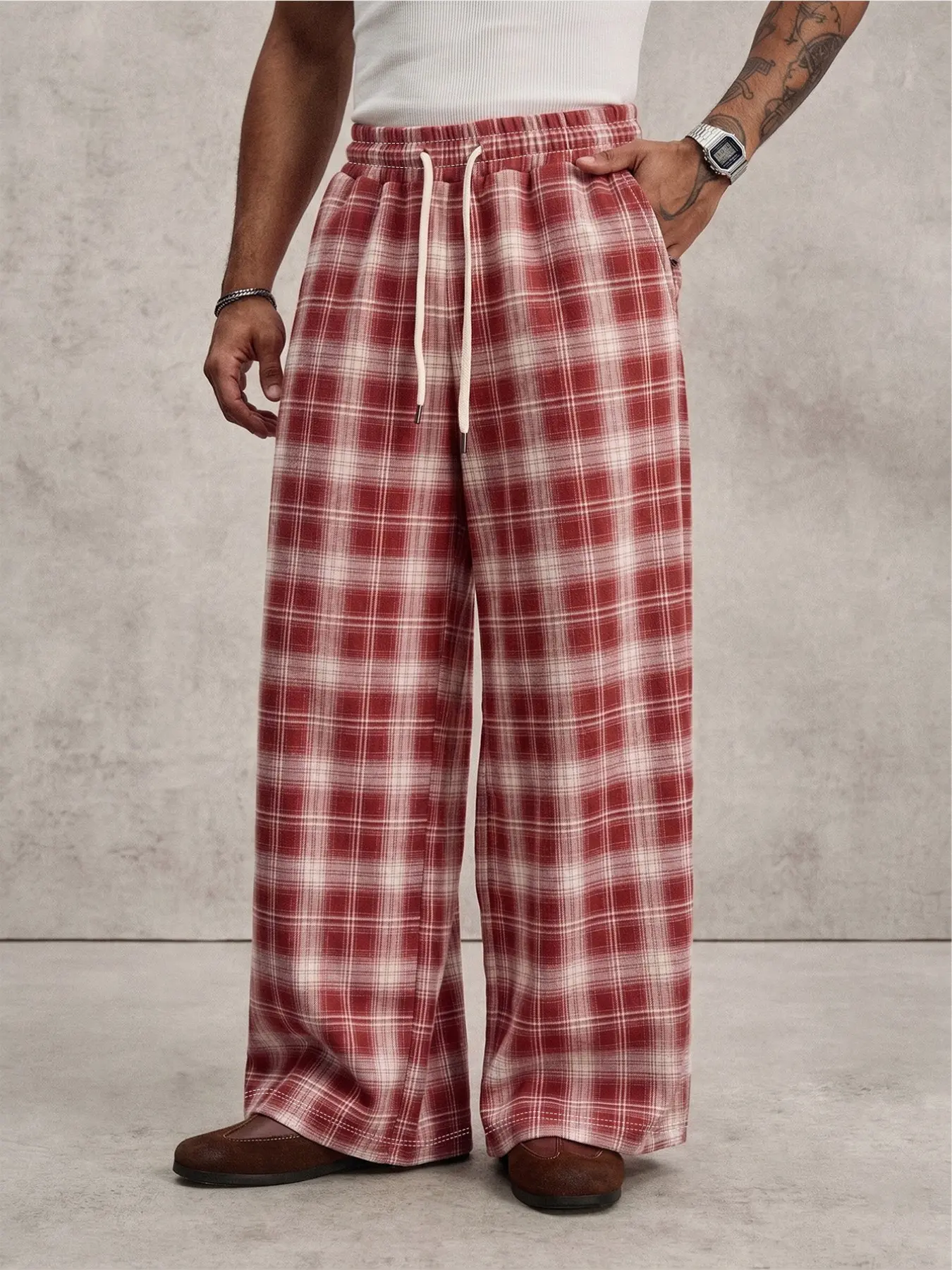 Y2K Red Plaid Pajama Pants Streetwear Casual Slouchy Wide Leg Sweatpants Wrinkle Resistant Draped Loose Fit Trousers Home Lounge Pants for Loungewear Daily Street Outfit