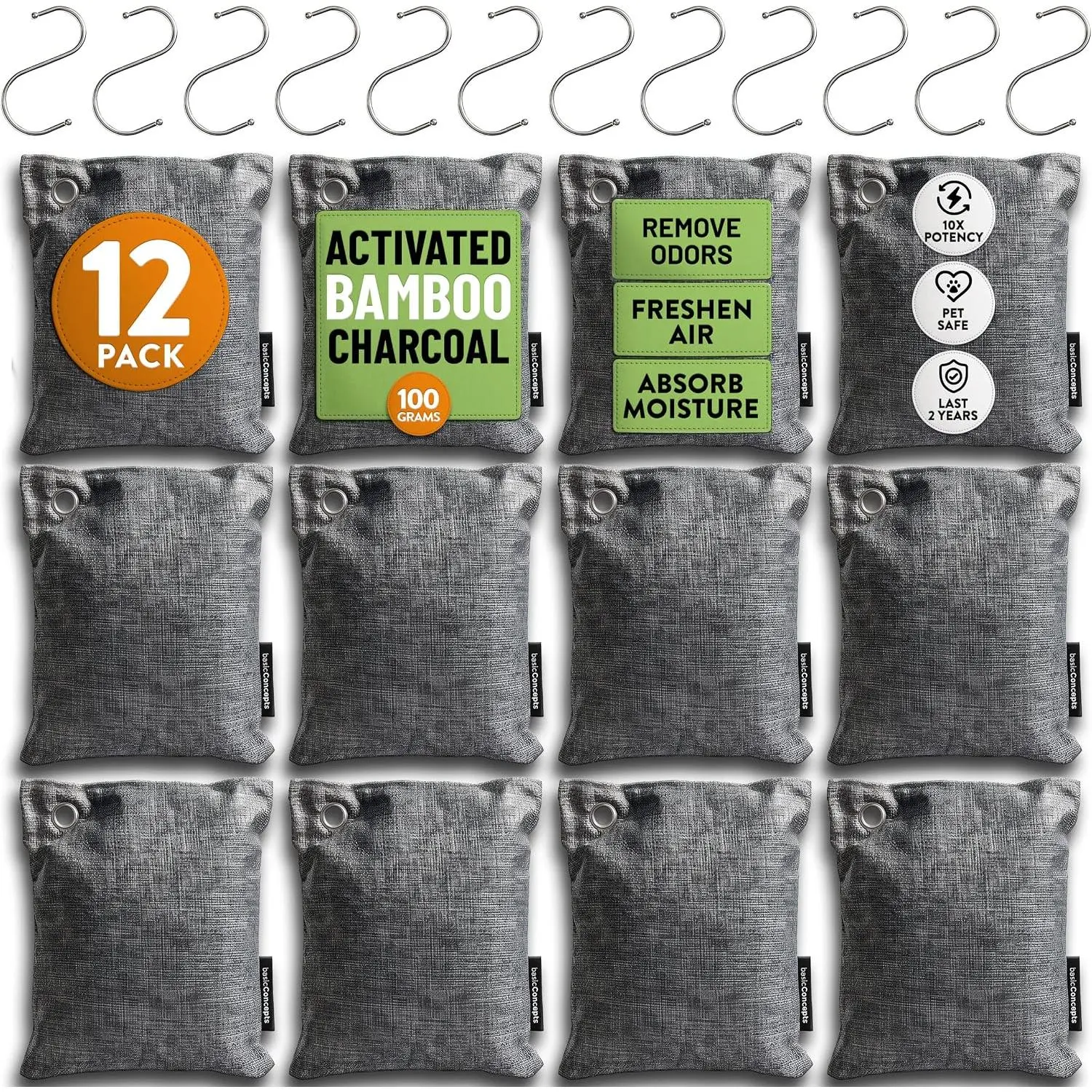 Activated Bamboo Charcoal Odor Absorber Bags for Strong Odors - 12 Pack Large 100g Air Purifying Bags, Natural Activated Charcoal Deodorizer for Shoes, Closet, Car, Gym Bag, Bathroom & Home