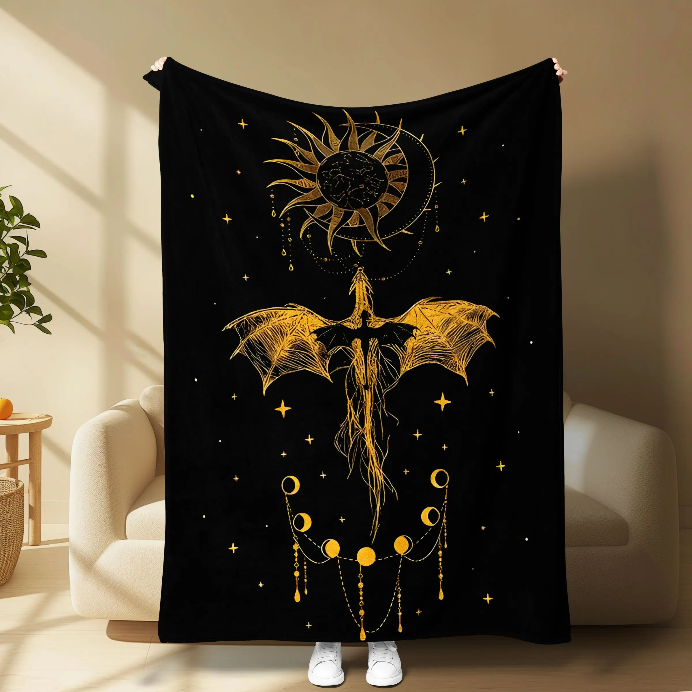 Fourth Wing Golden Dragon Fleece Blanket, Celestial Star Print, Soft Warm Flannel Nap Blanket, Fantasy Book Lover Gift#FourthWing #DragonBlanket #DarkAcademia #FantasyBookGift #MoonPhaseDecor