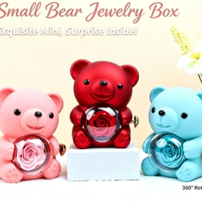Valentine's Day Gift Box, Cute Bear Rose Preserved Flower, Rotatable Ring Ornament, Elegant and Adorable Present, Perfect for Special Occasions