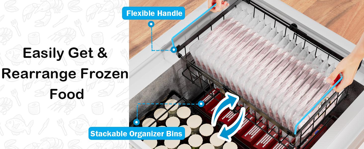 Freezer Organizer Bins, 2 Pack Expandable Stackable Chest Deep Freezer Organizer Bins, Foldable Freezer Baskets with Handles, Freezer Bins for 5 - 20 Cu.Ft Deep Freezer, Black