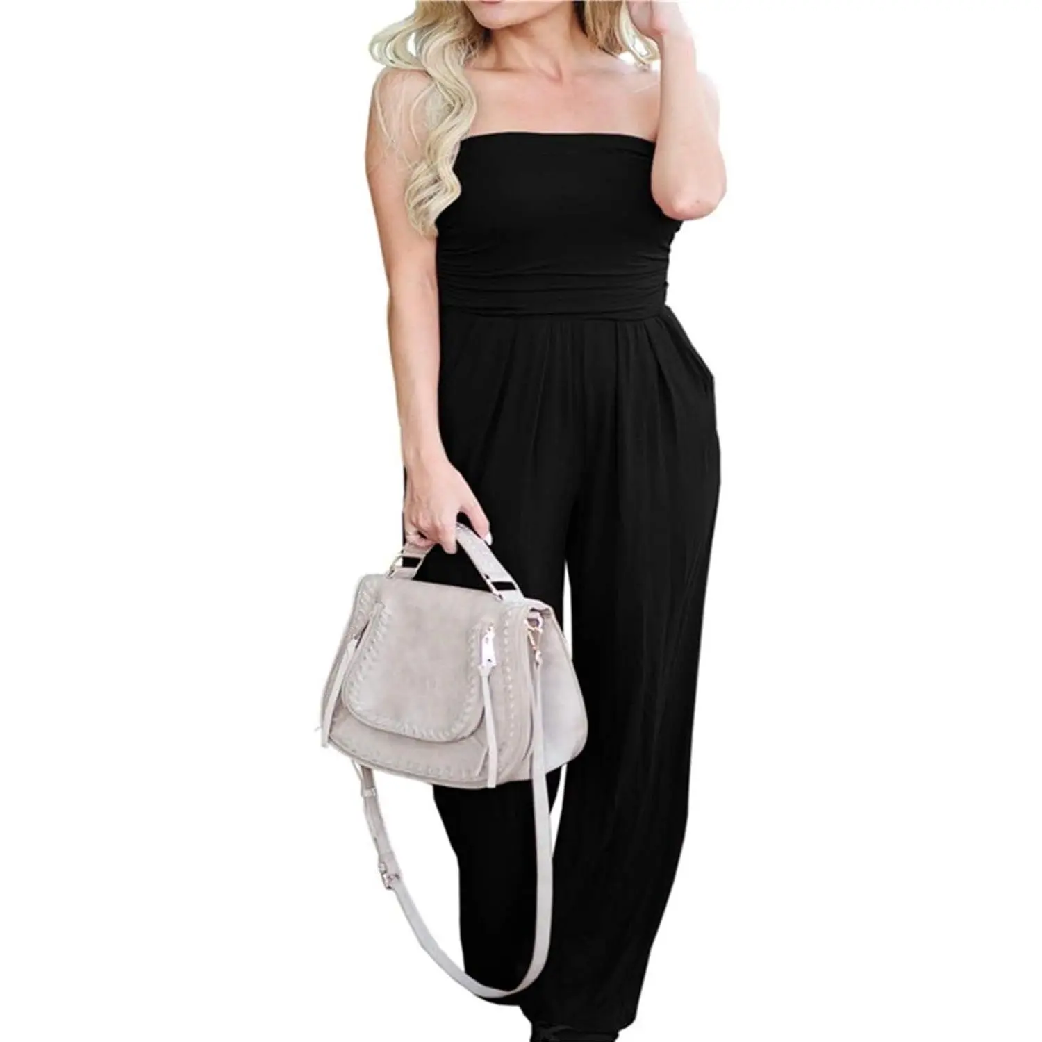 Women's Tube Top Strapless Off Shoulder Loose Wide Leg Jumpsuit Romper with Pockets