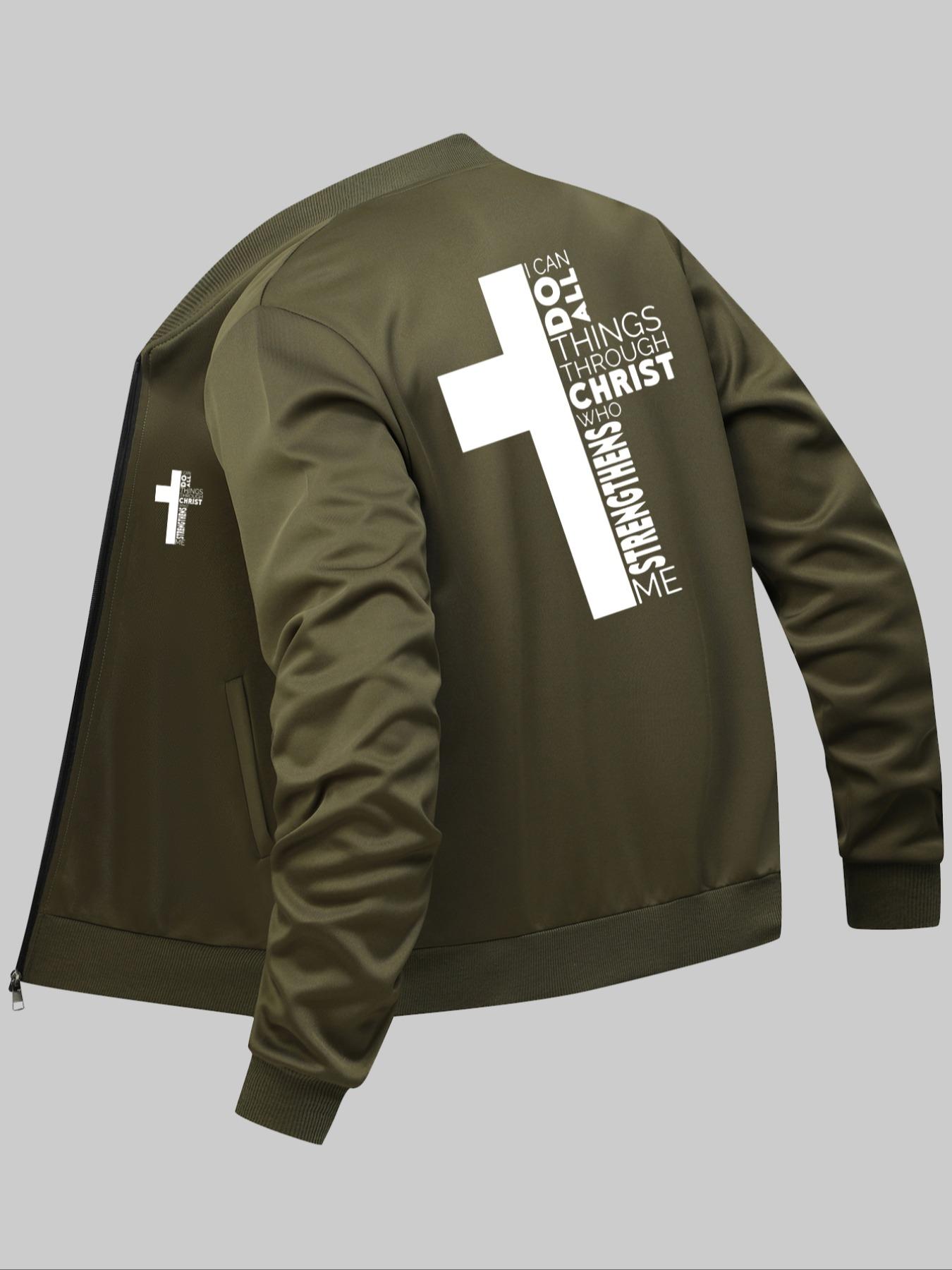 Men's Letter & Cross Print Zip Up Baseball Collar Jacket, Regular Fit Casual Long Sleeve Pocket Outerwear for Daily Wear, Men's Clothes for All Seasons