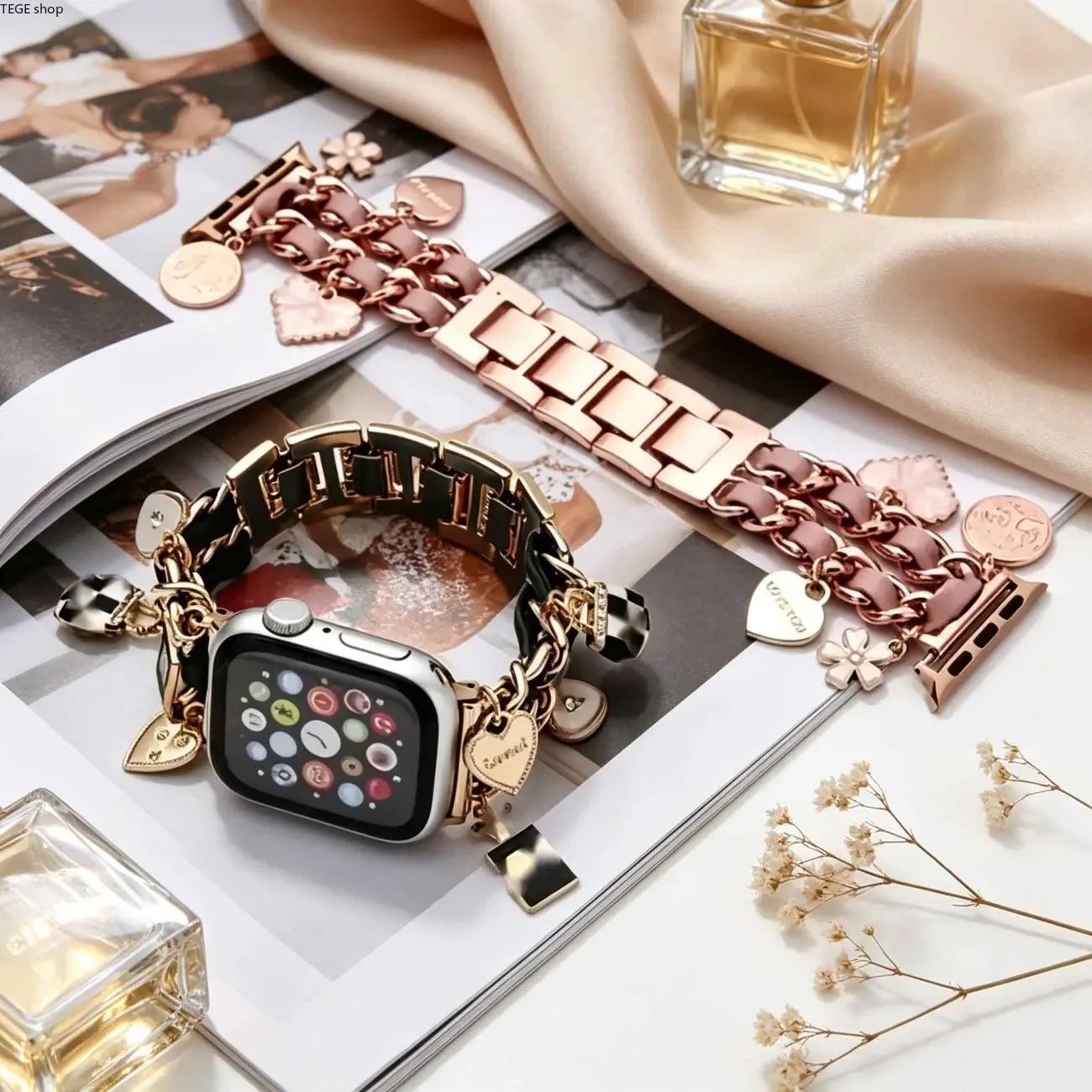 Double Row Chain Alloy Leather Hybrid Watch Band For Women, Stylish Replacement Strap Compatible With Apple Watch Series Ultra 38–49 Mm For Daily And Spring Wear (Strap Only)
