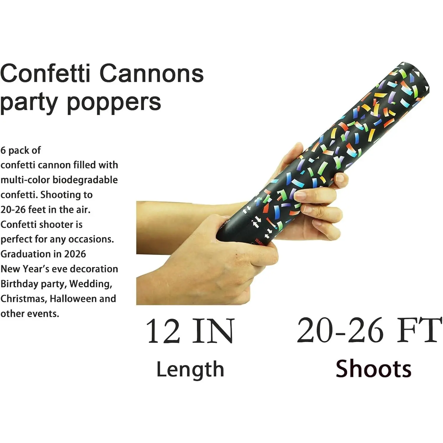 Multicolor Biodegradable Confetti Cannons, 6-Pack 12-Inch Party Popper Shooters for Wedding, Birthday, Baby Shower, Christmas, Graduation