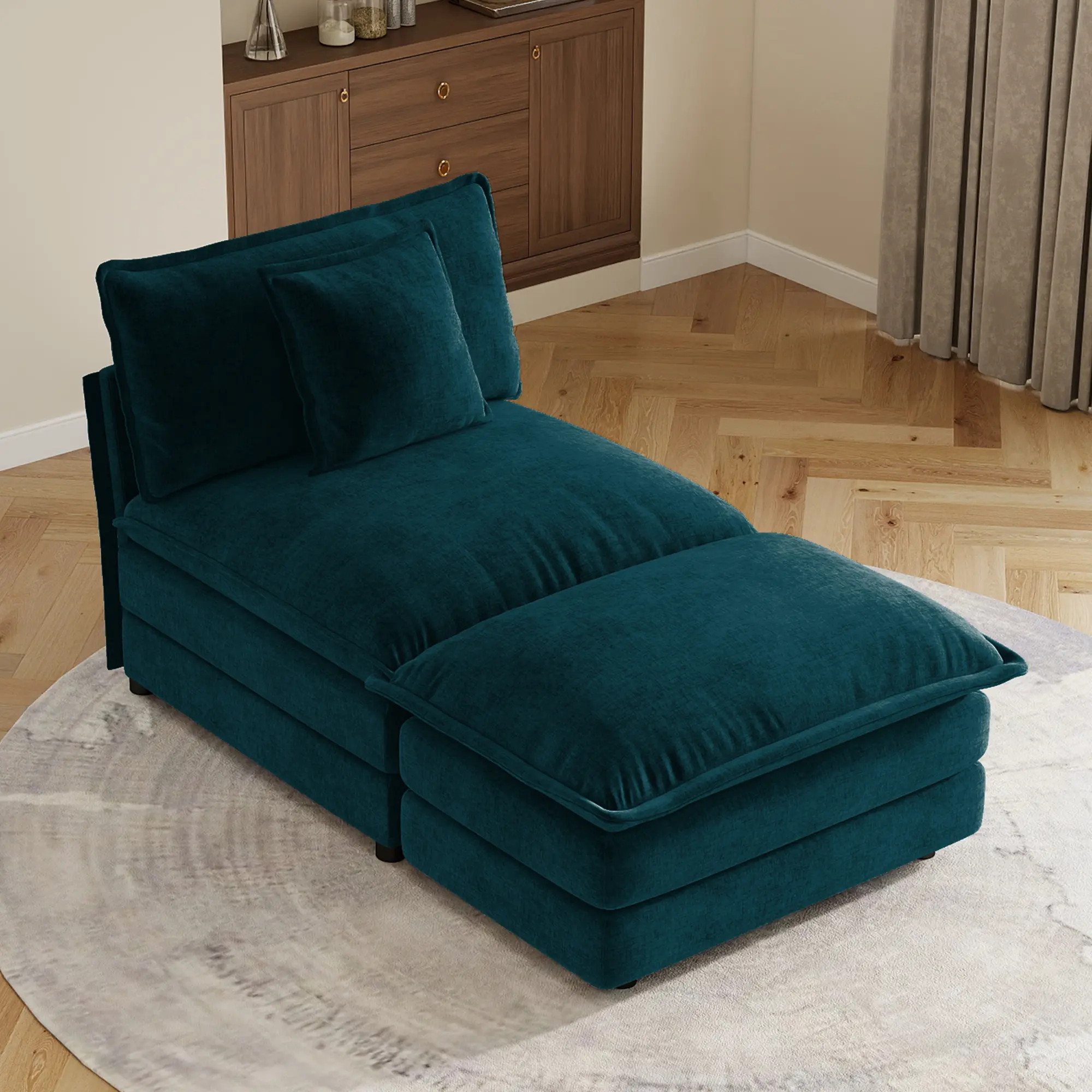 ARCH Allure Blue Chenille Modular Sectional Sofa with Ottoman 1-Seat Armless Couch Living Room Furniture Set Solid Wood Frame High Density Sponge Cushion Comfortable Seat for Home Theater, Blue Color Options, Chenille Material, 1 Seat Seat Count