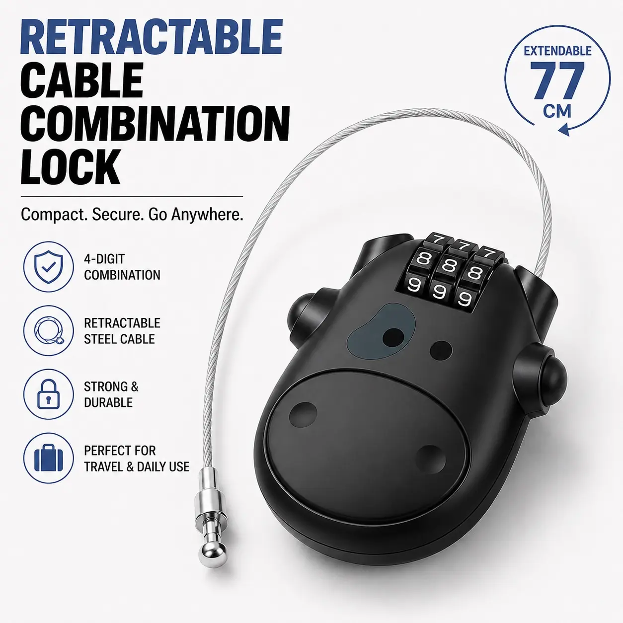 Mini retractable combination steel cable lock, portable steel safety lock, suitable for suitcases, gym lockers, bicycles, motorcycles, helmets, and travel essentials. backtoschool