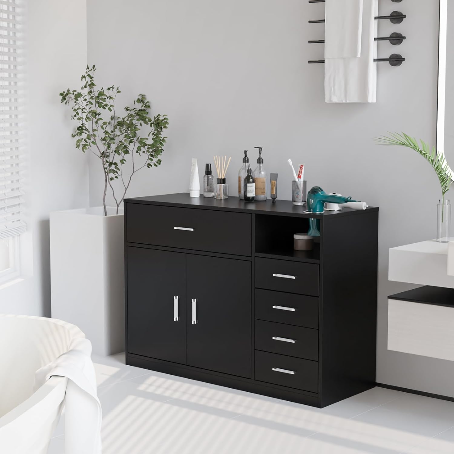 OmySalon Salon Station Free Standing Cabinet, Barber Hair Styling Stations, Beauty Dresser Spa Bathroom Equipment with 5 Drawers, 1 Storage Cabinet, 3 Hair Dryer Holders, Black