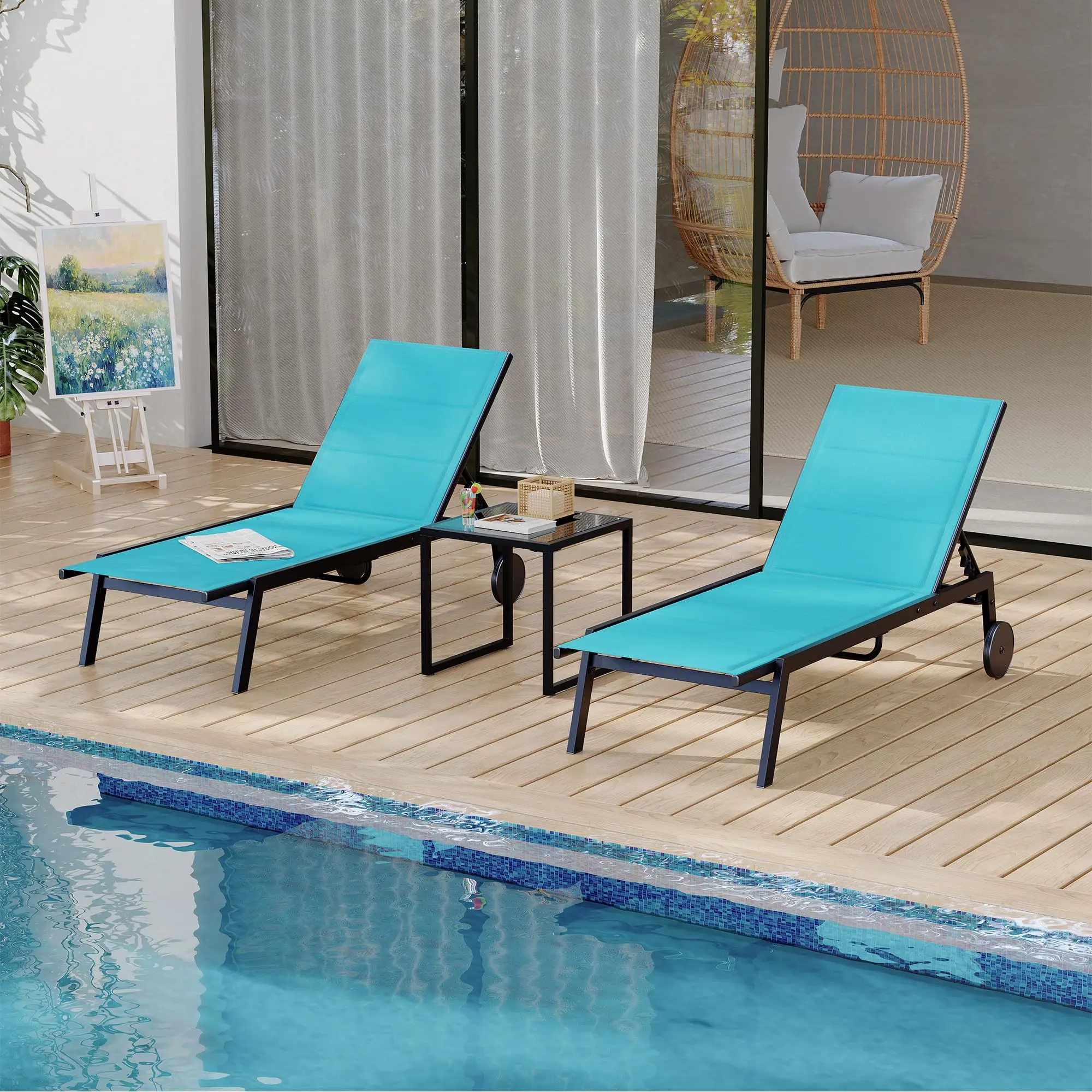 GARVEE3-Piece Patio Chaise Lounge Set with Adjustable Backrest, Side Table, and Wheels - Ideal for Poolside and Outdoor Relaxation