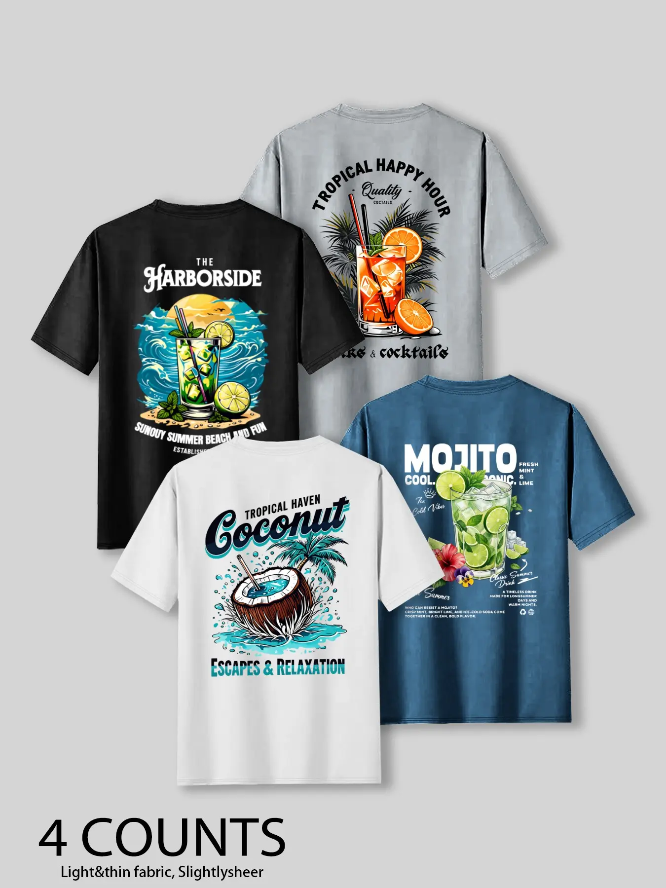 4-Pack Men's Tropical Cocktail Print T-Shirts, Comfortable Breathable Round Neck Short Sleeve, Casual, Coconut Beach Theme Summer Vacation Top, Beachwear