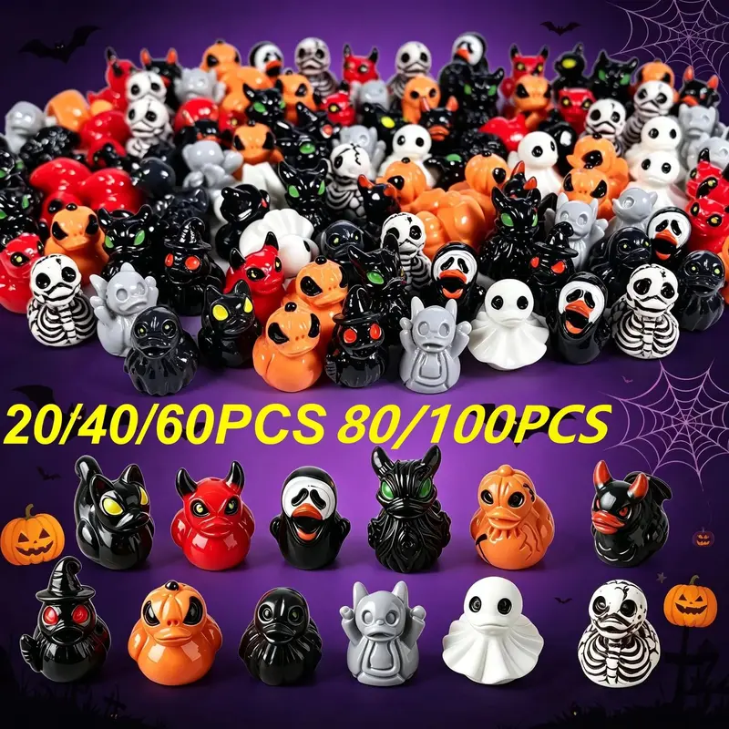 100pcs Mini Devil Ghost Skull Resin Ducks, Cute Spooky Desktop Decor, Creative Desktop Ornament, Mini Garden Ornament, Halloween Christmas Decoration, Party Gift, Cute Figurines, Decorative Piece, Decoration Items