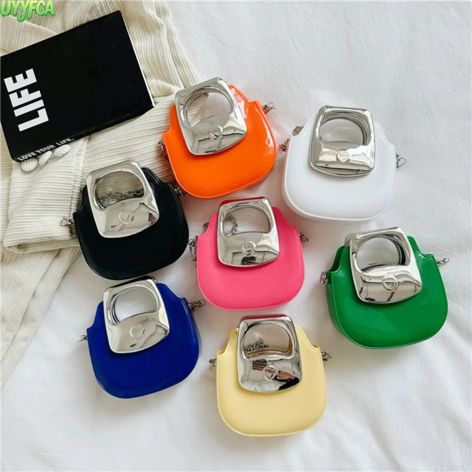 Women's Tiny Size Glossy Patent Mini Saddle Crossbody Bag - Female Hollow Silver Metal Handle, Thin Chain Strap, Solid Candy Color, Lipstick Purse Wallet, Daily Wear All Seasons Fashion Accessory, Hollow Handle, Polyester