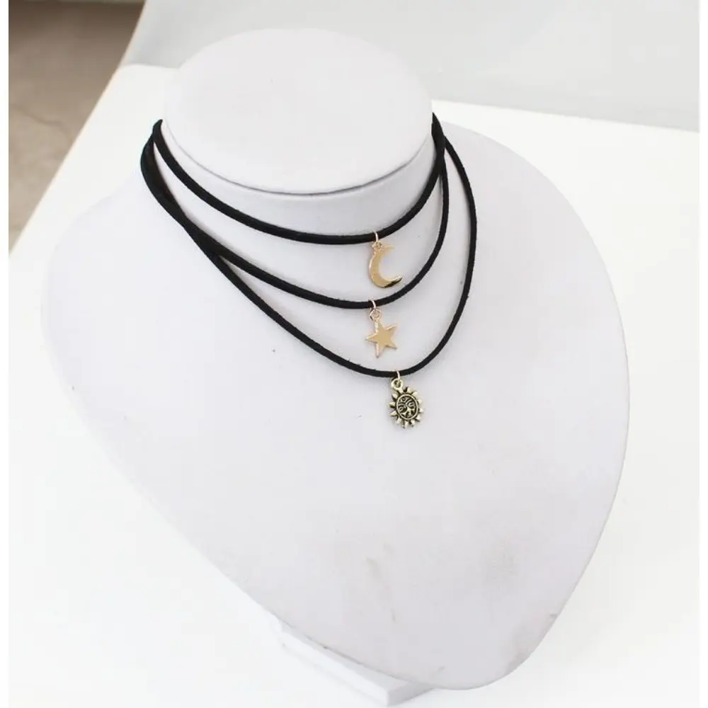 Vintage Celestial Bag Charm, 3 Pcs Layered Boho Necklace Set with Sun Moon Star Design and Adjustable Extension Chain