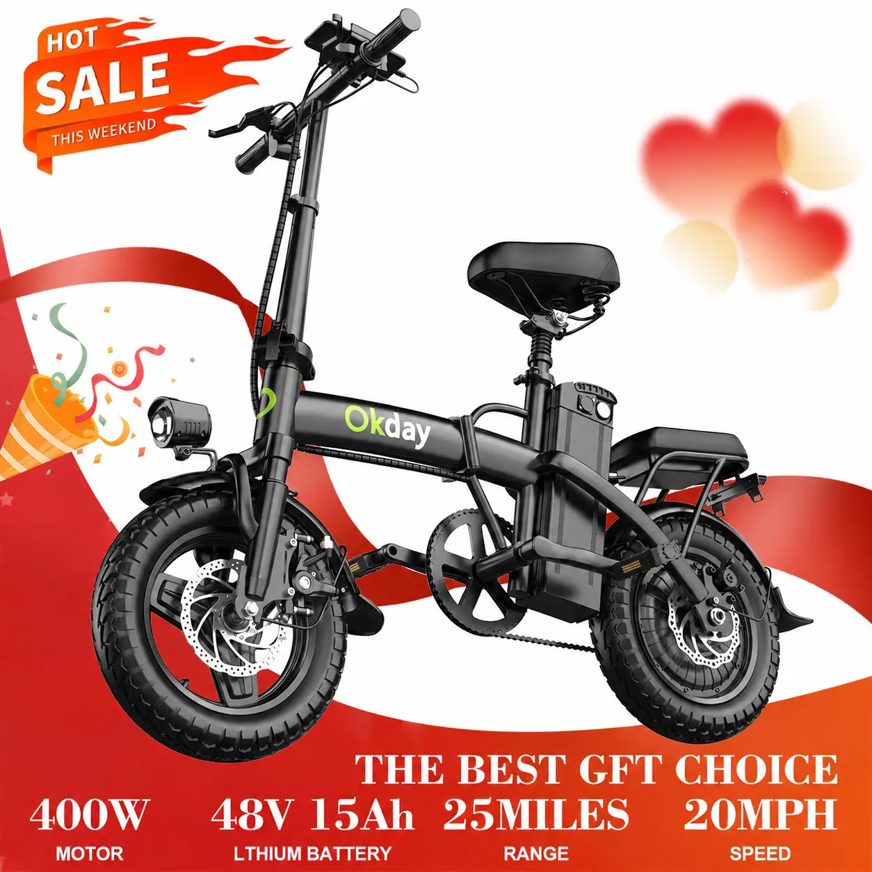 Okday K1 400W High Performance Electric Bike for Adults 25MPH Max Speed Foldable Portable E-Bike 14" All-Terrain TiresDual Brakes Carbon Steel Frame Smooth Stable Ride Dual Seats
