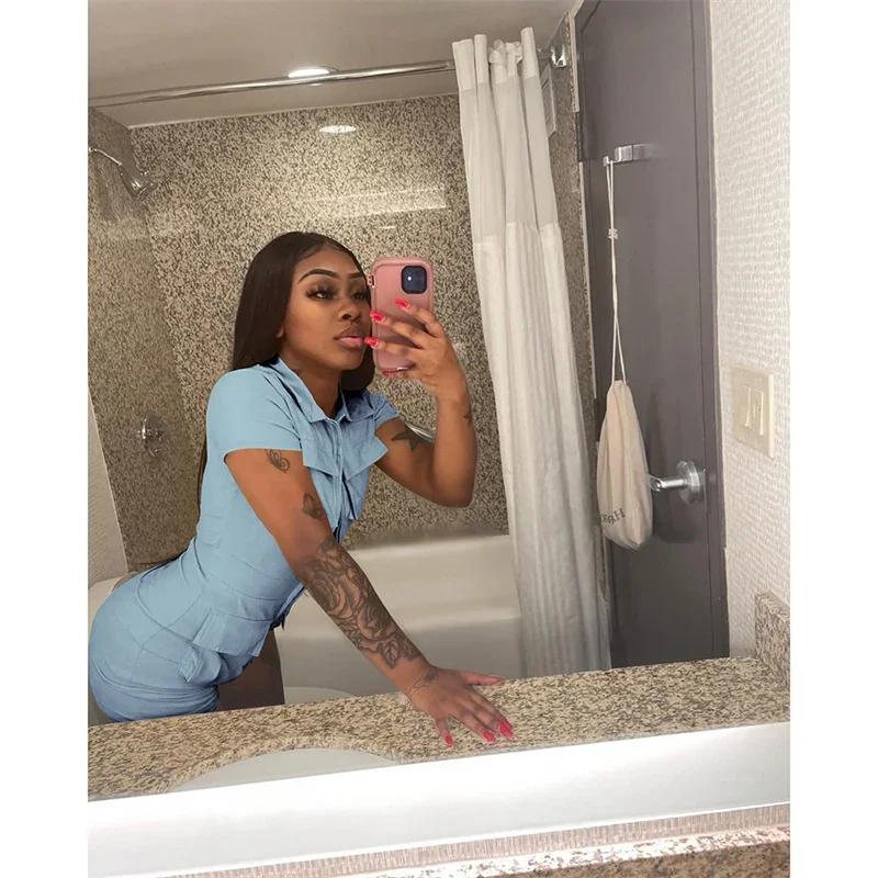 Streetwear Zipper Pockets Shorts Jumpsuit Women Clothing Short Sleeve Skinny Cargo Playsuit Summer Casual Pieces Romper