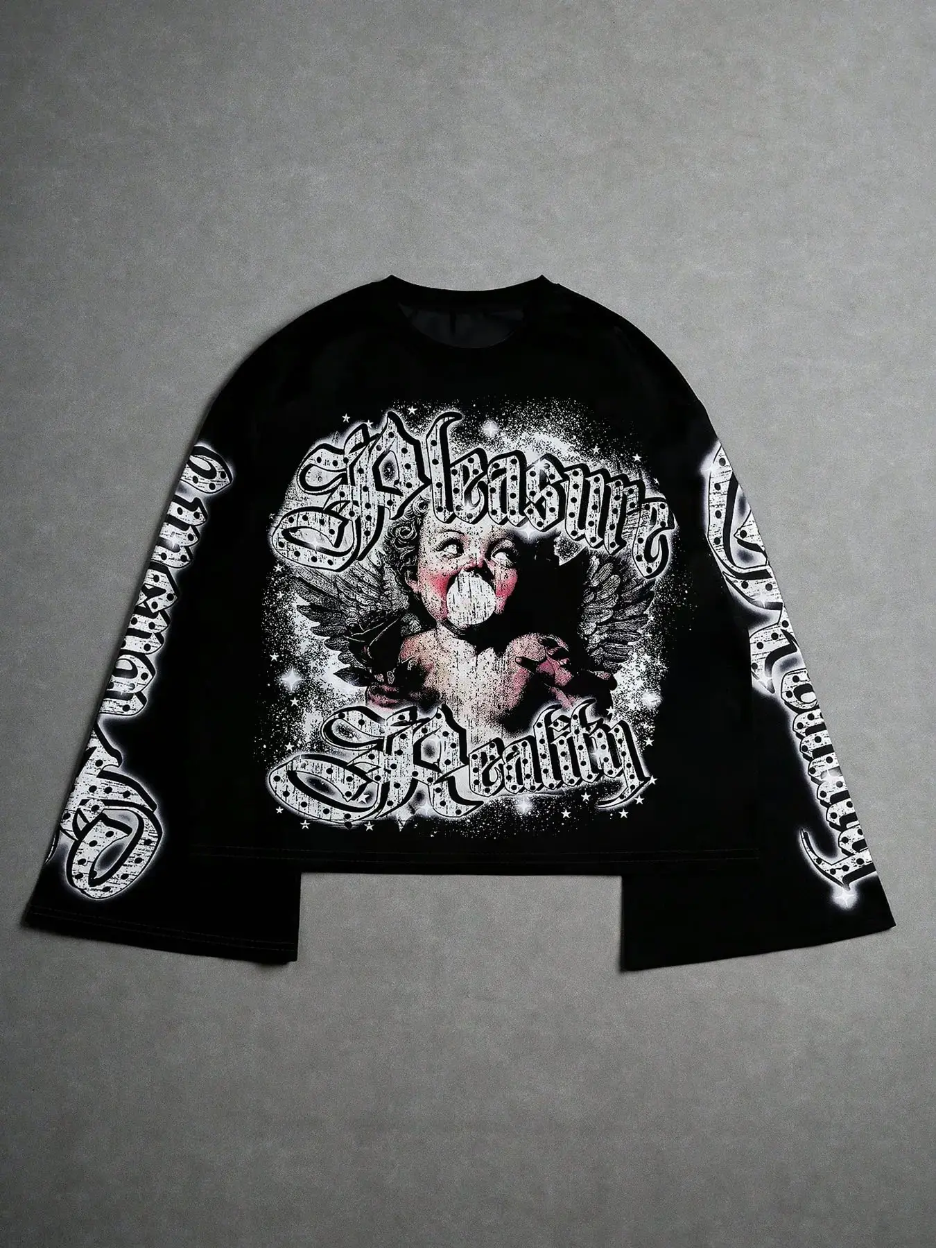 Men Vintage Pleasure Reality Angel Bubblegum Graphic Cropped Long Sleeve T-Shirt, Y2K Streetwear Top, Spring & Fall Fashion