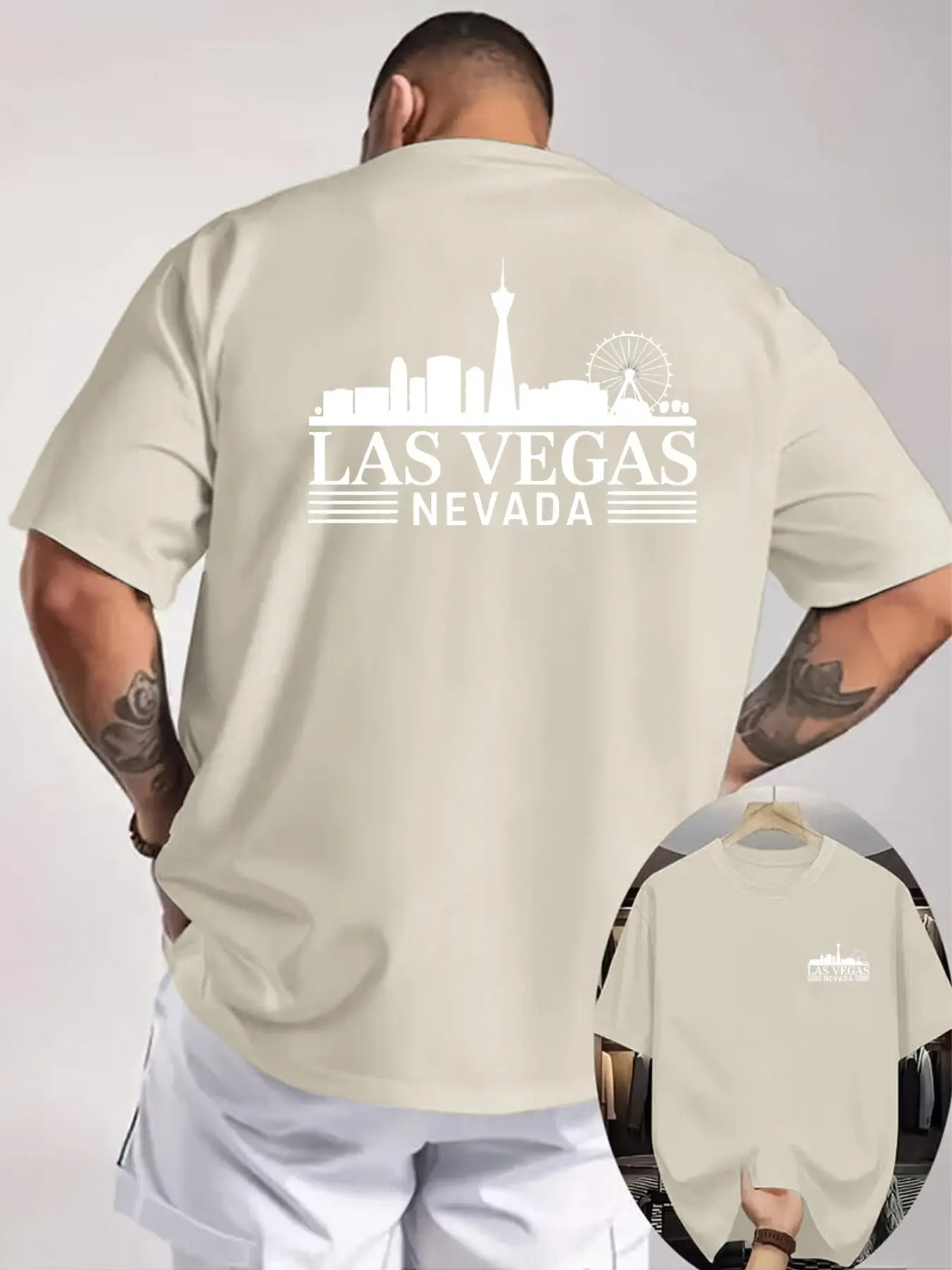 Las Vegas Nevada City Silhouette Print Men's Short Sleeve T-Shirt, Back Large Pattern Front Logo Design, Casual Travel Wear, Casual Tee Shirt