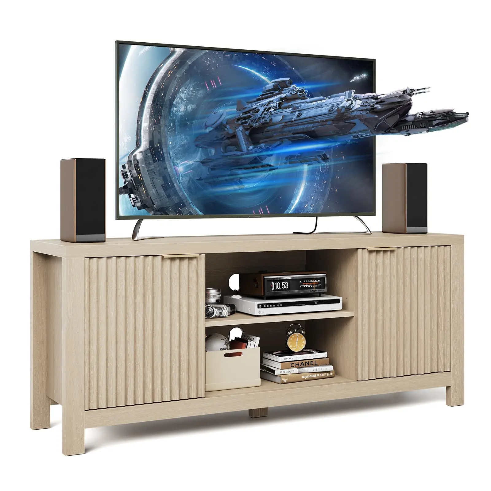 Garvee 65" Fluted Entertainment Center with 2 Storage Cabinets and Open Shelves, Heavy-Duty Console for Living Room and Bedroom, Modern Design