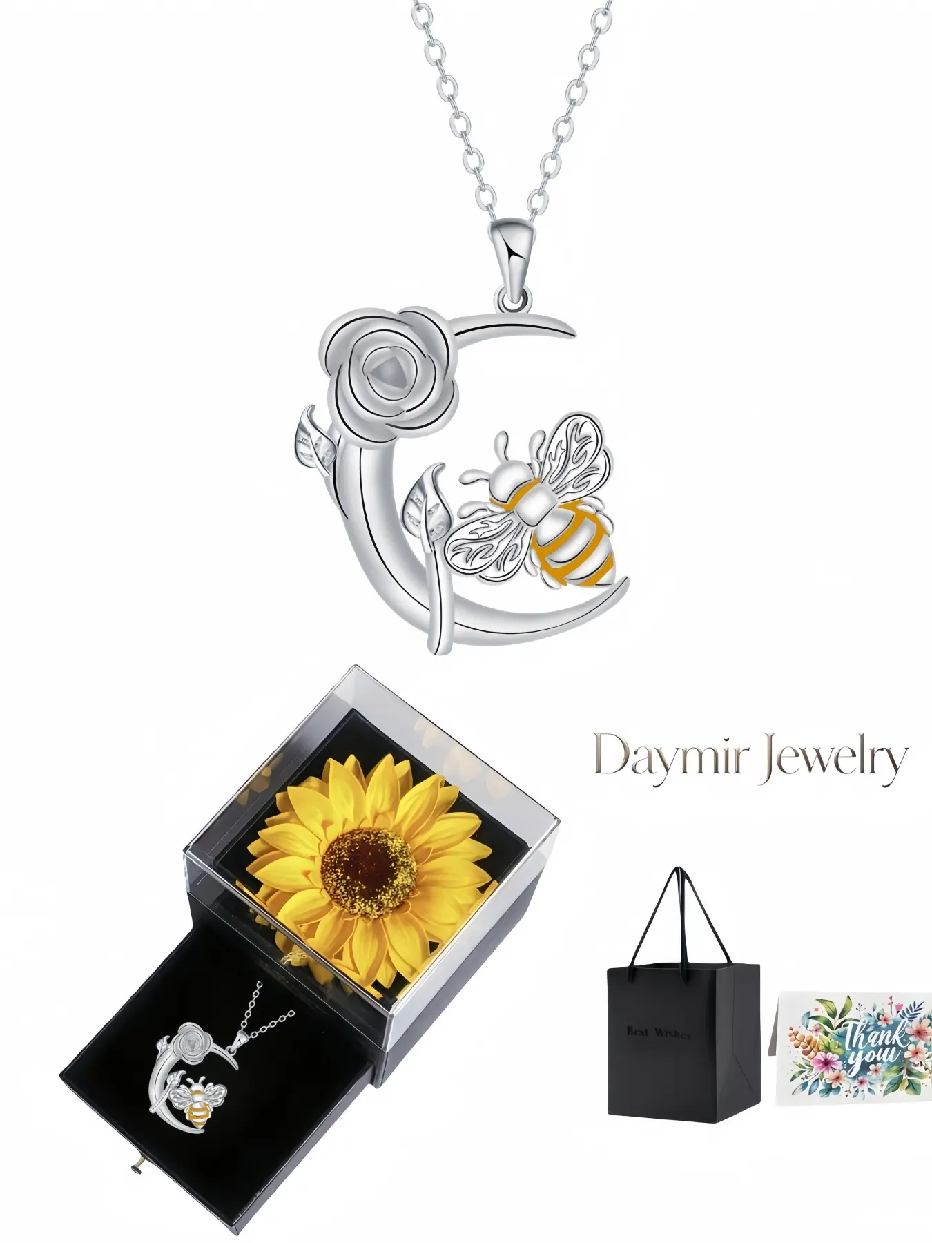 "Bee Moon Rose", luxury unique rose necklace with moon & bee elements, paired with preserved sunflower jewelry box, great gift for birthdays, Mother’s Day, Valentine’s Day and Christmas.