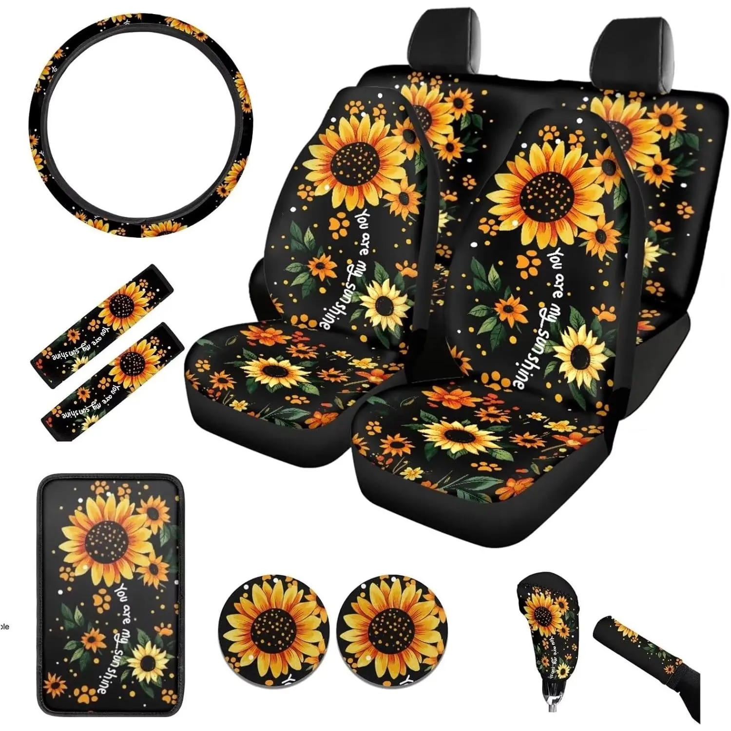 BIGCARJOB Sunshine Sunflower Car Seat Covers Full Set 12 Pcs Cute Dog Paw Print Car Accessories Interior Seat Protector for Womens Seat Belt Cover,Armrest Pads,Cup Holder Coaster